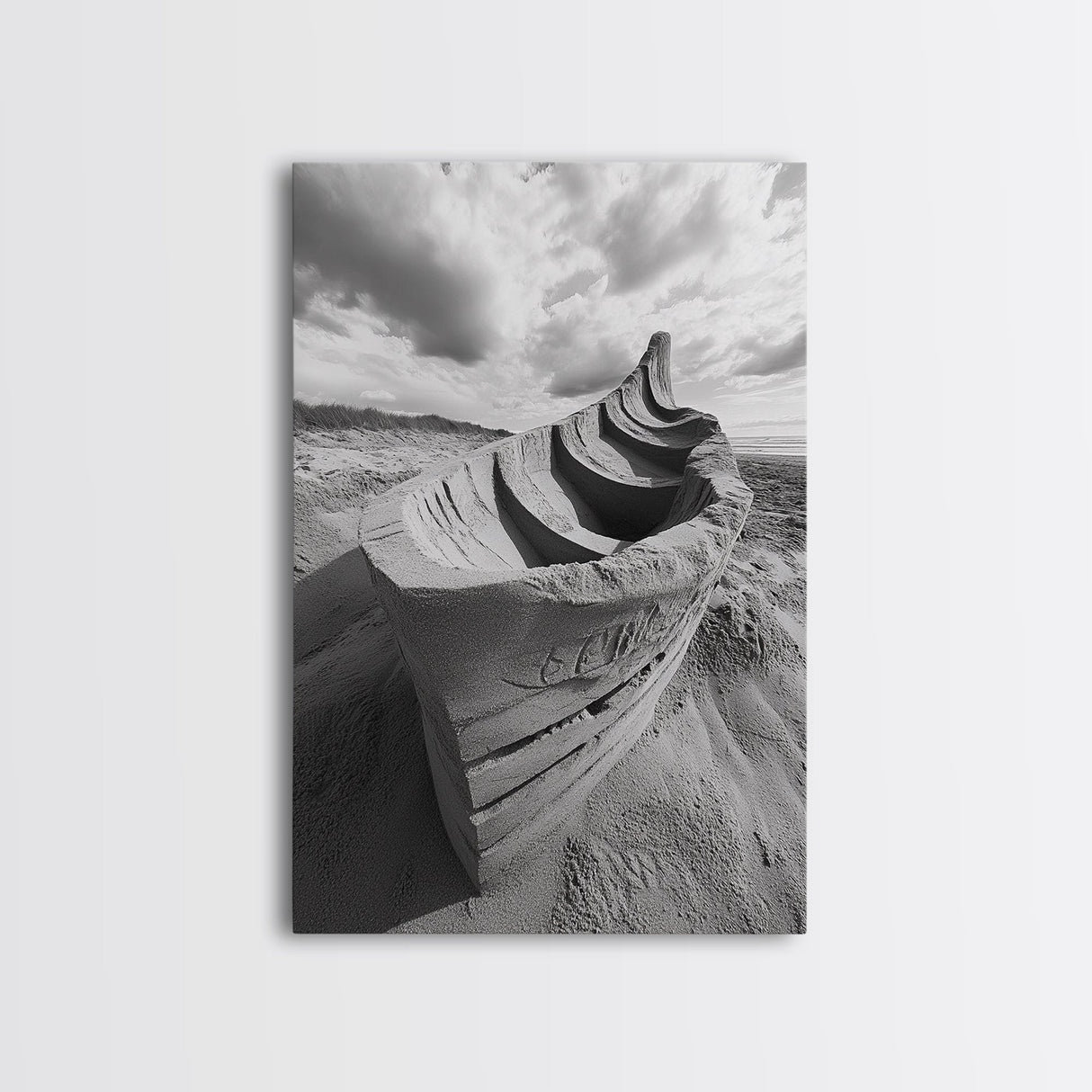 Sand Boat, Beach Sculpture, Dramatic Clouds, Textured Art, Framed Canvas Print, nautical wall art, coastal boho decor, modern beach print