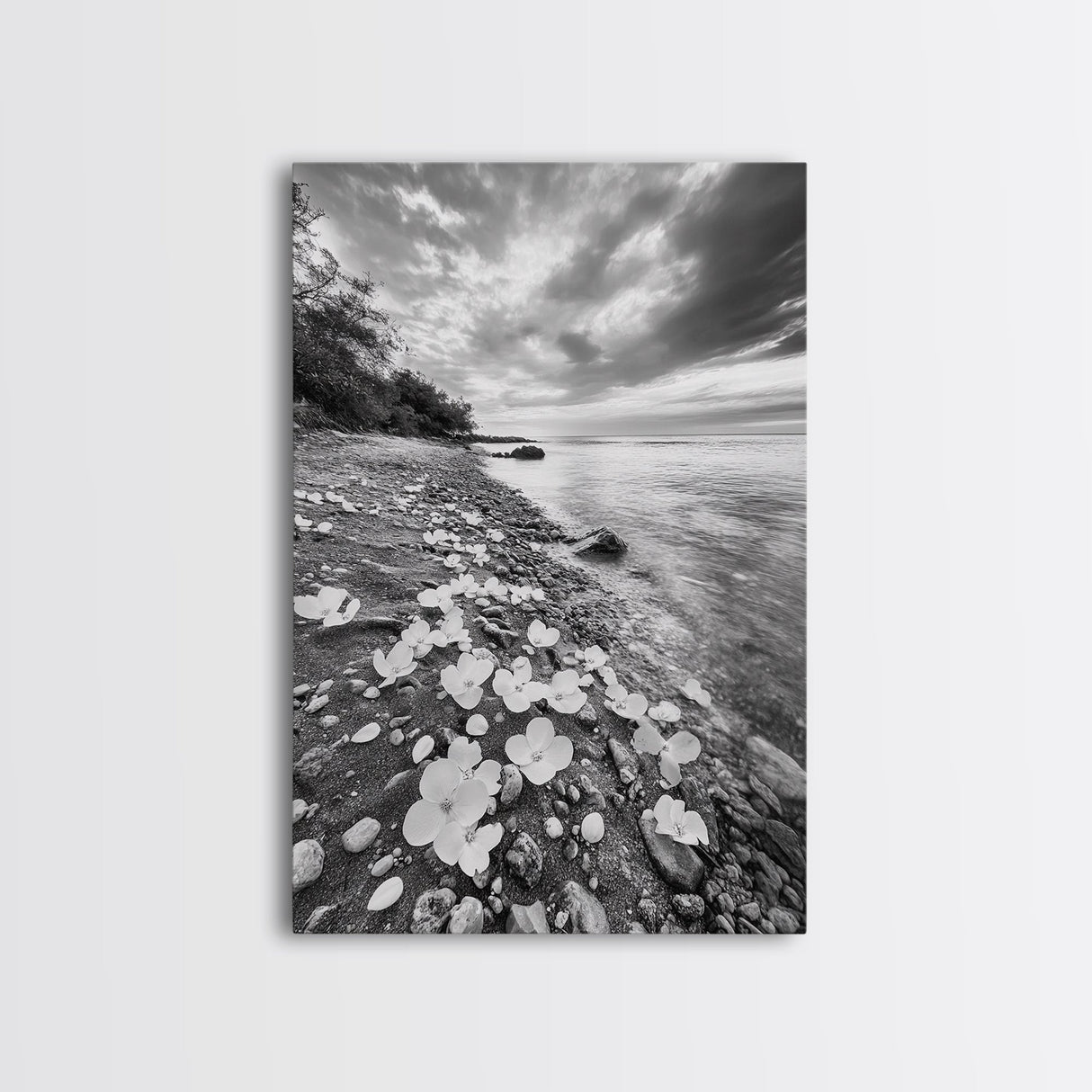 Flower Shore, Peaceful Beach, Moody Sky, Petal Scape, Framed Canvas Print, romantic beach art, bedroom decor, black and white floral print