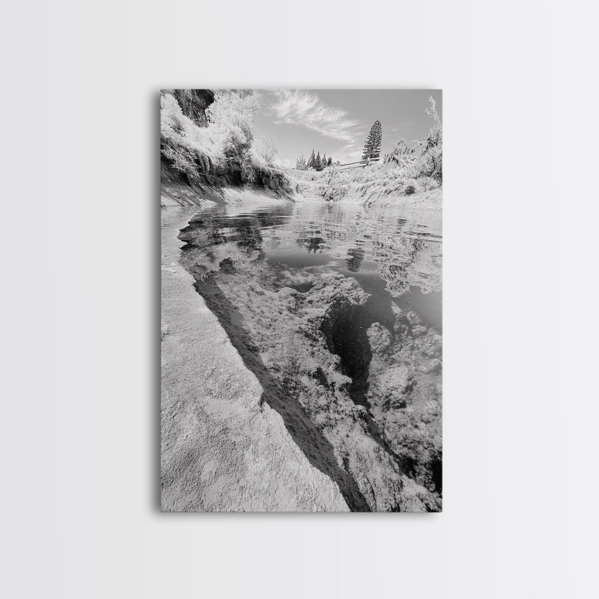 Reflective Riverbed, Nature Tranquility, Monochrome Landscape, Canvas Print, Bathroom Wall Art, Zen Decor, Fine Art Photography
