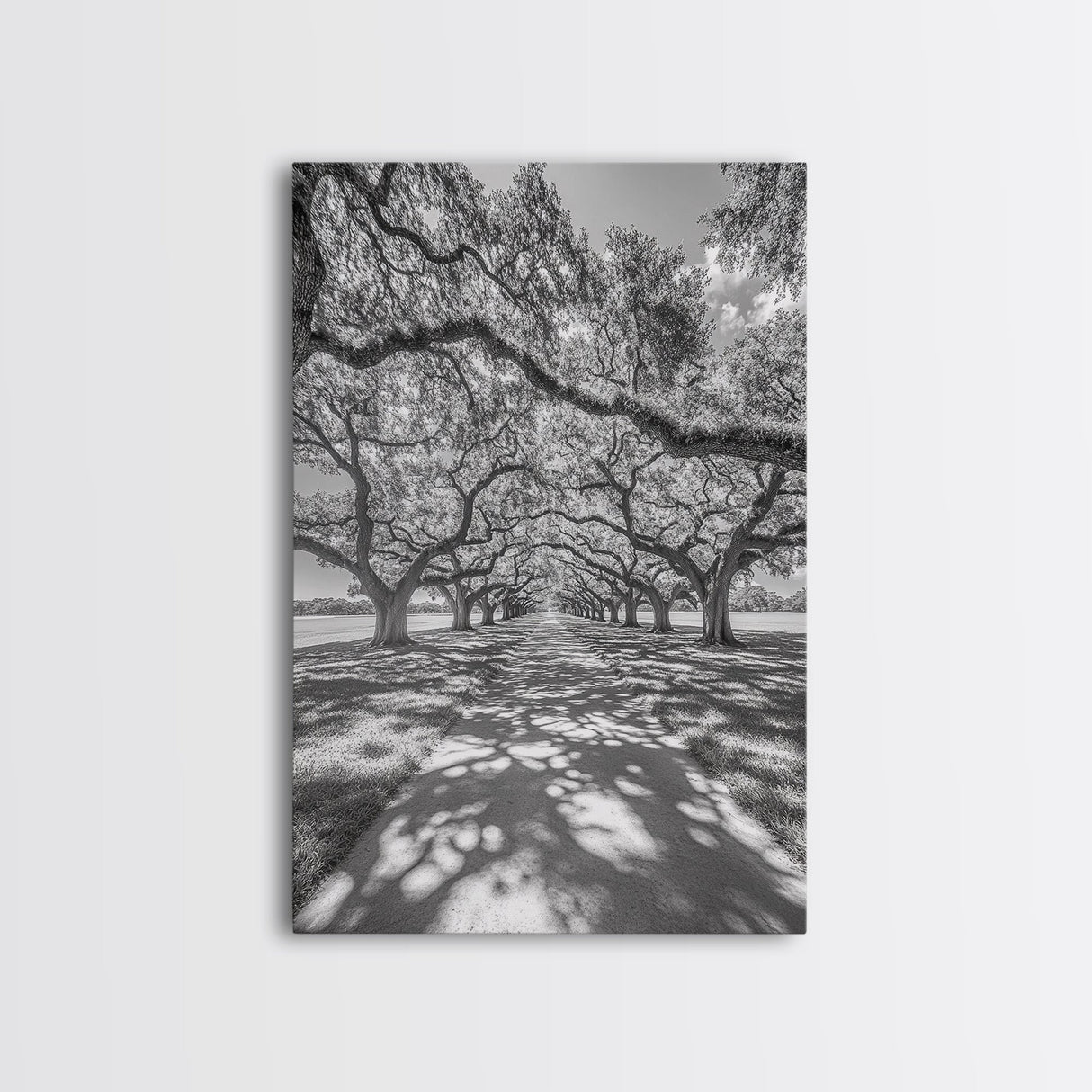 Oak Tree Tunnel, Southern Charm, Shaded Pathway, Timeless Trees Framed Canvas Print, farmhouse wall decor, hallway landscape art