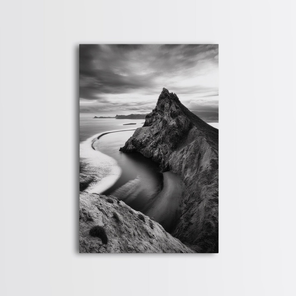 Mountain Peak, Coastal Horizon, Nature Majesty, Serene Edge Framed Canvas Print, modern landscape art, minimalist bedroom decor