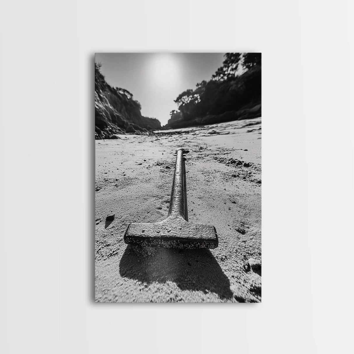 Industrial beach relic, iron hammer, rustic textures, minimalist black and white, Canvas Print, man cave art, coastal masculine decor