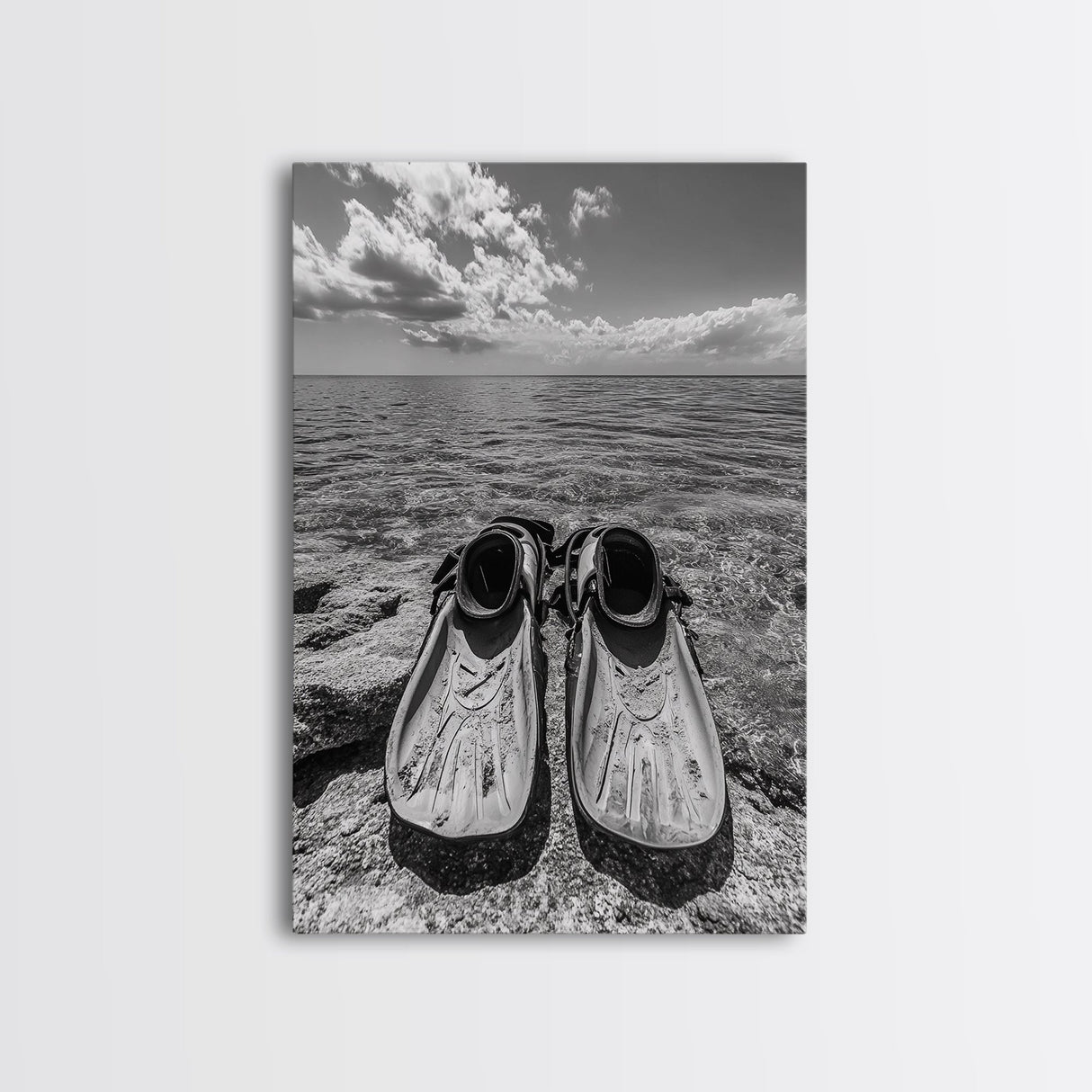 Ocean Fins, Coastal Escape, Underwater Adventure, Canvas Print, Beach Bathroom Wall Art, Nautical Photography, Black and White Decor