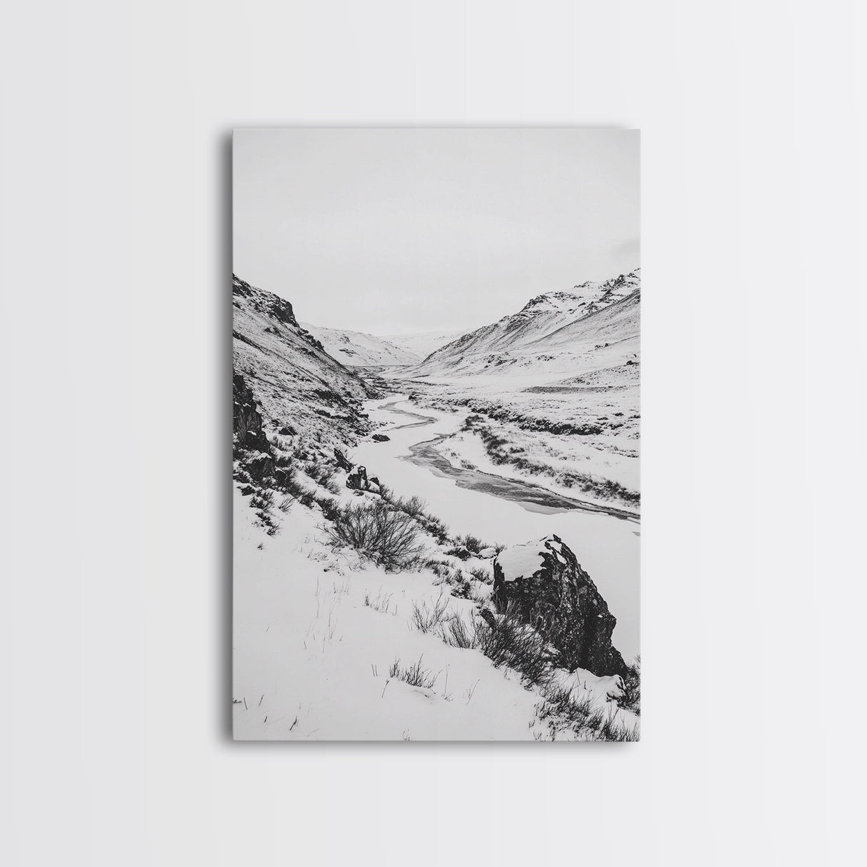 Snowy Canyon, Winter Valley, Frozen Landscape, Framed Canvas Print, Minimalist Wall Art, Neutral Living Room or Office Decor