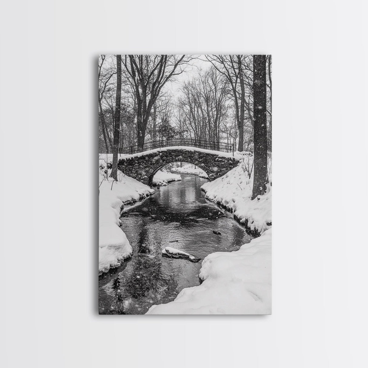 Stone Bridge, Winter Stream, Historic Pathway, Framed Canvas Print, Snowy Landscape Art, Traditional Living Room Wall Decor