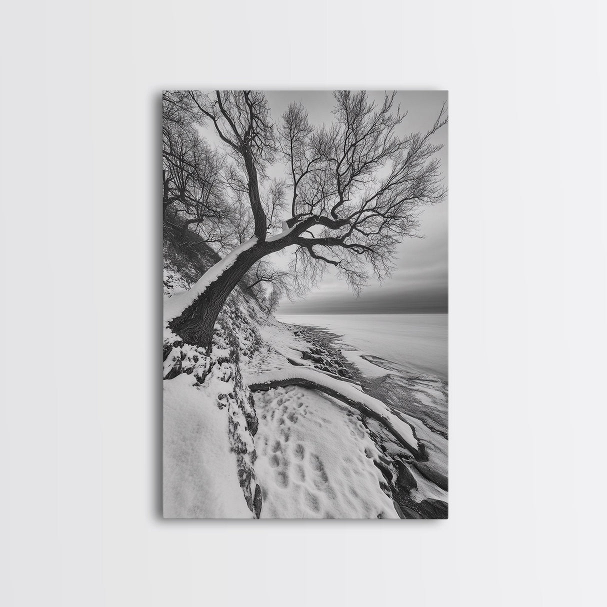 Coastal Snow, Barren Tree, Frozen Shoreline, Canvas Print, Serene Winter Decor, Entryway or Hallway Minimalist Wall Art