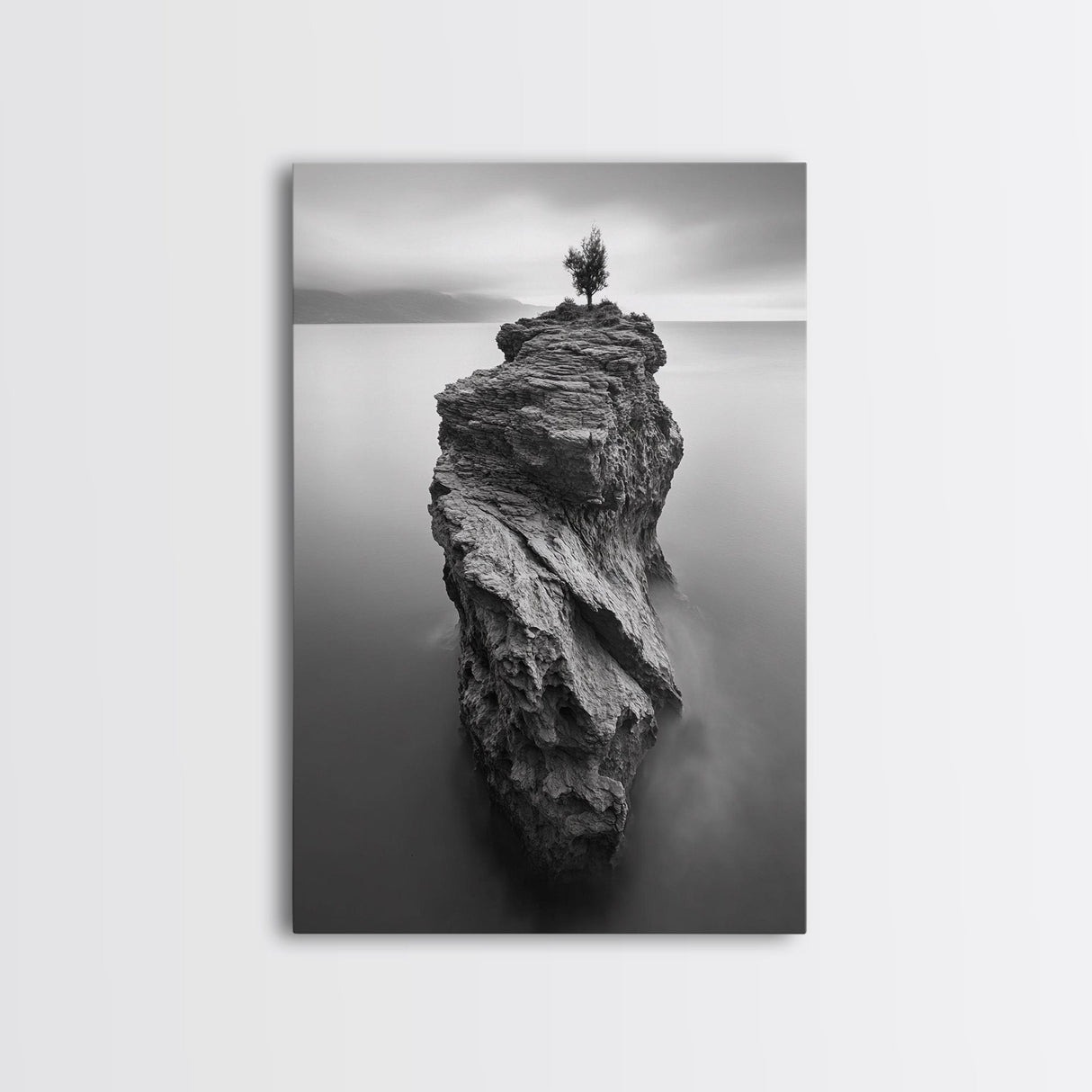 Solitary Cliff Tree, Calm Waters, Moody Horizon, Framed Canvas Print, Minimalist Nature Wall Art, Office Wall Decor, Zen Art