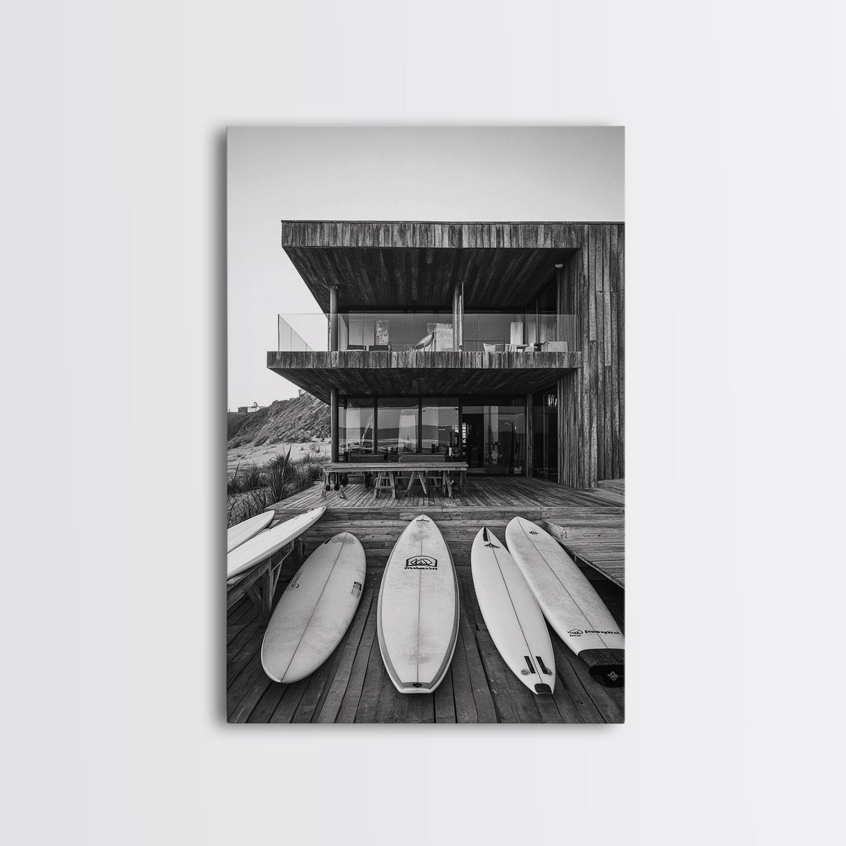 Surf Shack, Beach House, Modern Architecture, Coastal Lifestyle, Framed Canvas Print, Living Room Art, Nautical Wall Decor, Surf Wall Art
