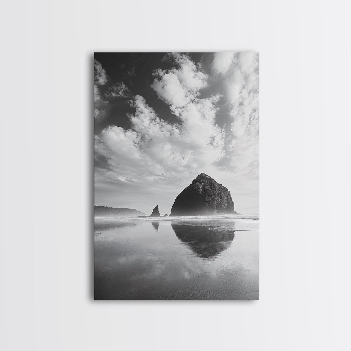 Iconic sea stack, Oregon coast art, tranquil reflections, dramatic clouds, Canvas Print, bedroom wall art, modern coastal minimalist decor