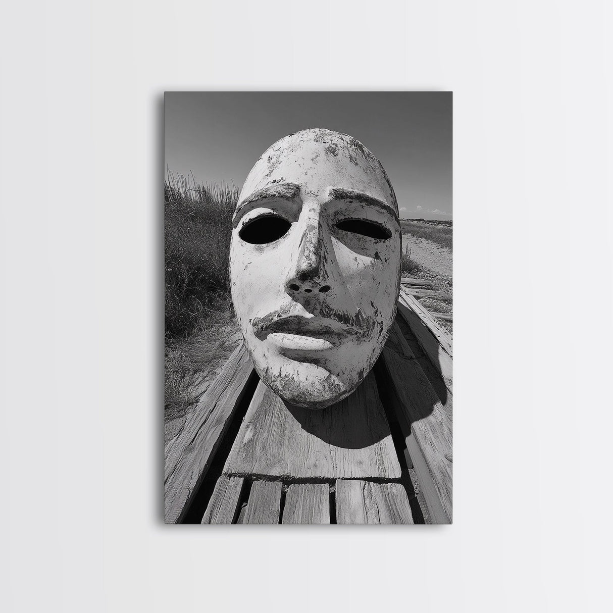 Weathered Mask, Coastal Surreal, Driftwood Dream, Canvas Print, Abstract Wall Art, Rustic Home Decor, Boho Artistic Style