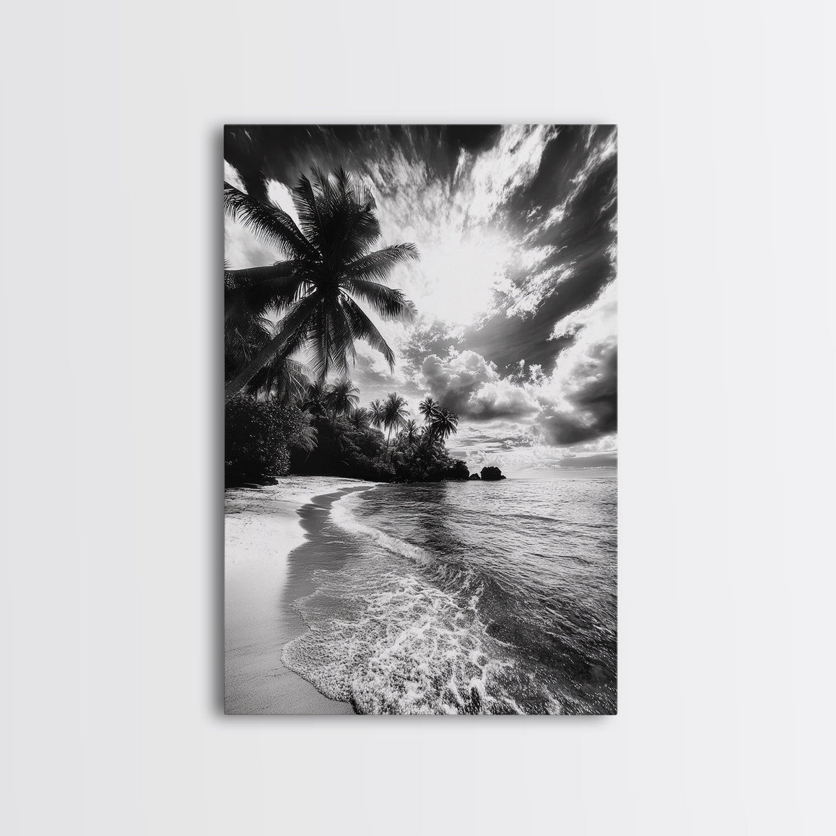 Tropical Sunset Beach, Palms and Waves, Cloudy Skies, Island Vibes, Framed Canvas Print, Coastal Wall Art, Beach House Decor