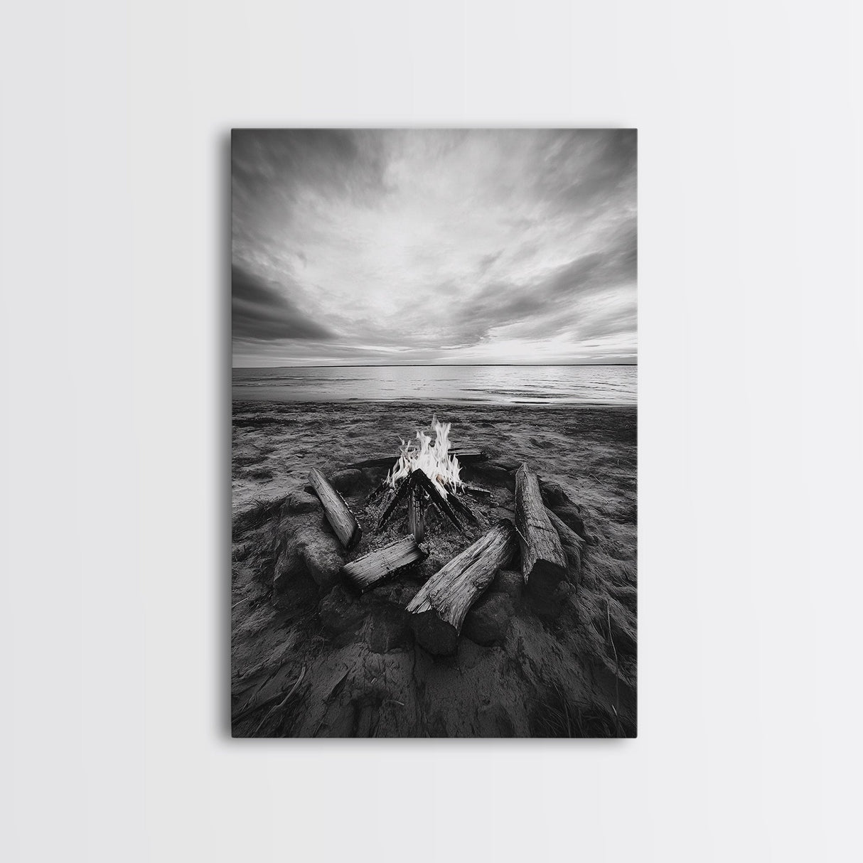 Coastal campfire glow, serene seaside bonfire, sunset flames, sandy warmth, Framed Canvas Print, Fall decor, cozy cabin wall art
