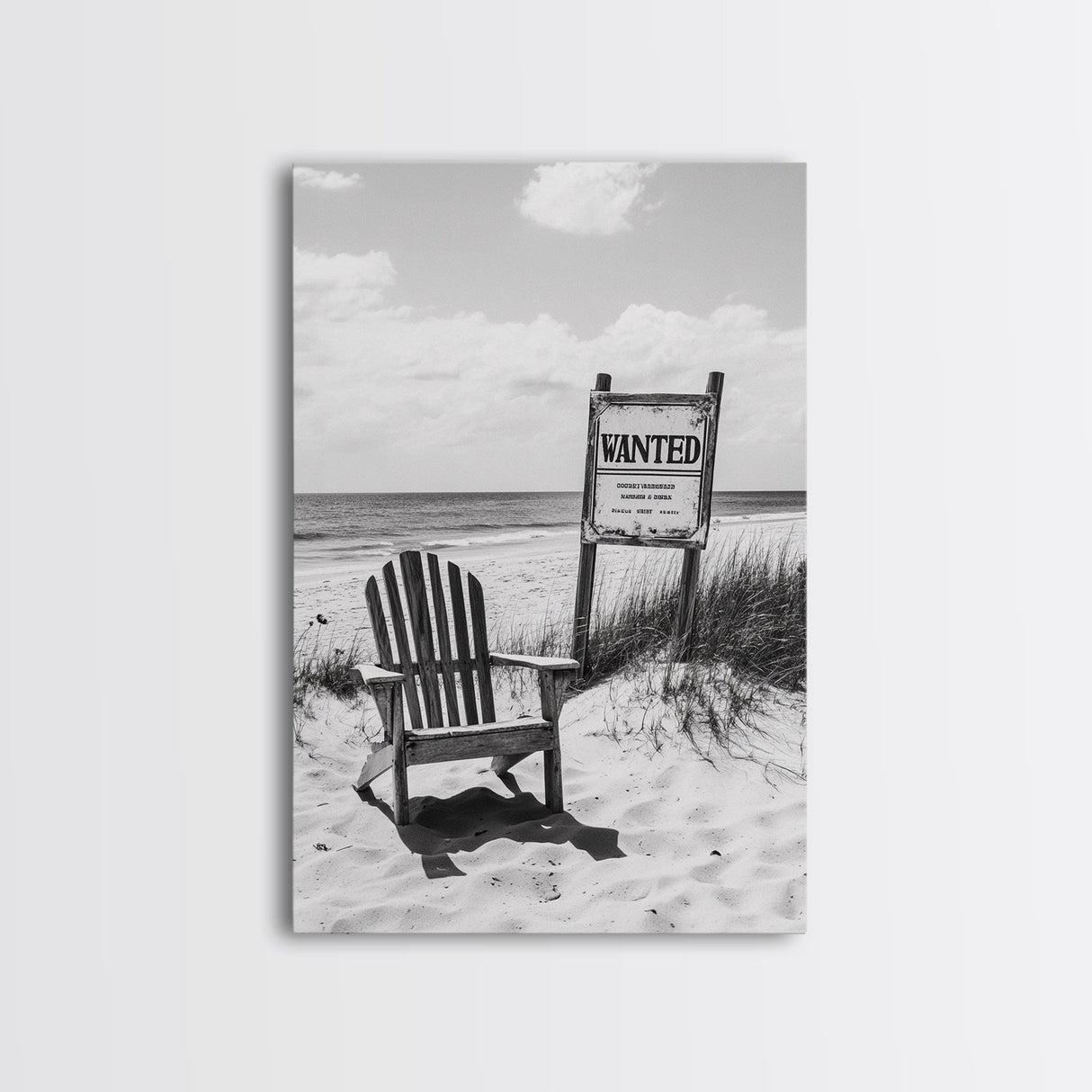 Wanted Poster, Beach Chair, Western Humor, Framed Canvas Print, Man Cave Decor, Coastal Country Style, Black and White Photography