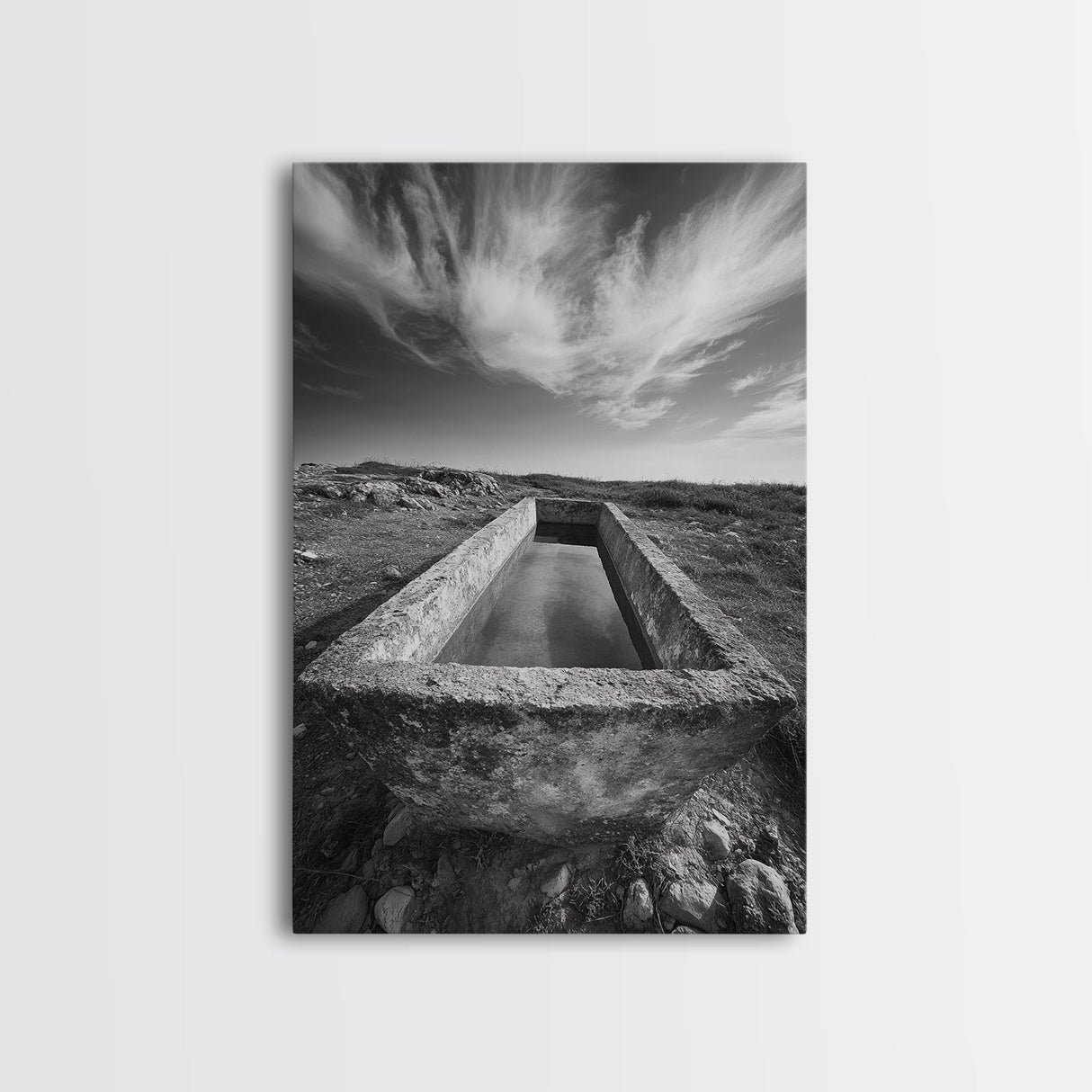 Stone Water Trough, Wild Horizon, Rustic Scene, Framed Canvas Print, Country Farm Decor, Outdoor Living Art, Neutral Wall Accent