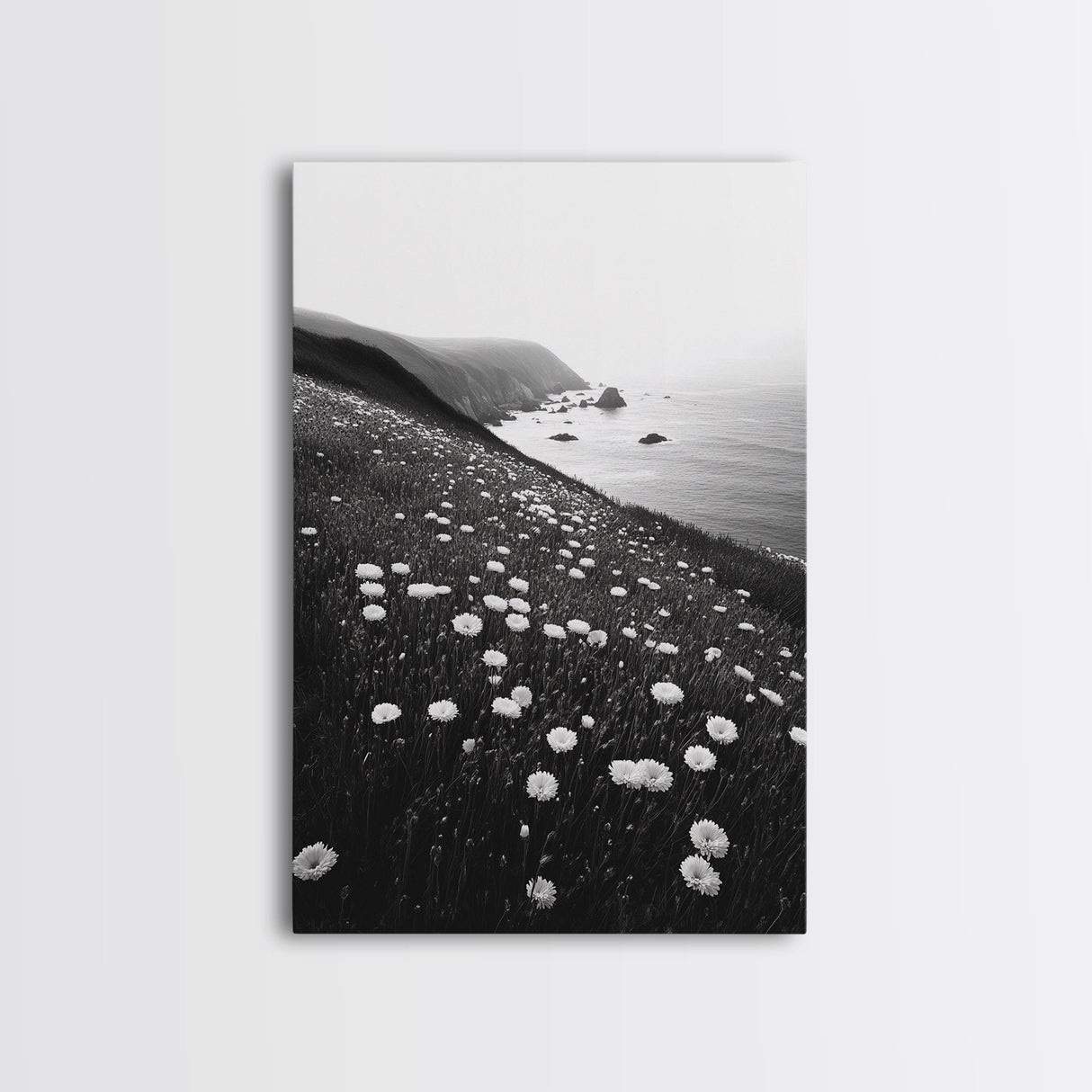 Daisy Cliffside Bloom, Coastal Flowers, Peaceful Nature Scene, Framed Canvas Print, Bedroom Wall Art, Botanical Decor, Minimalist Style