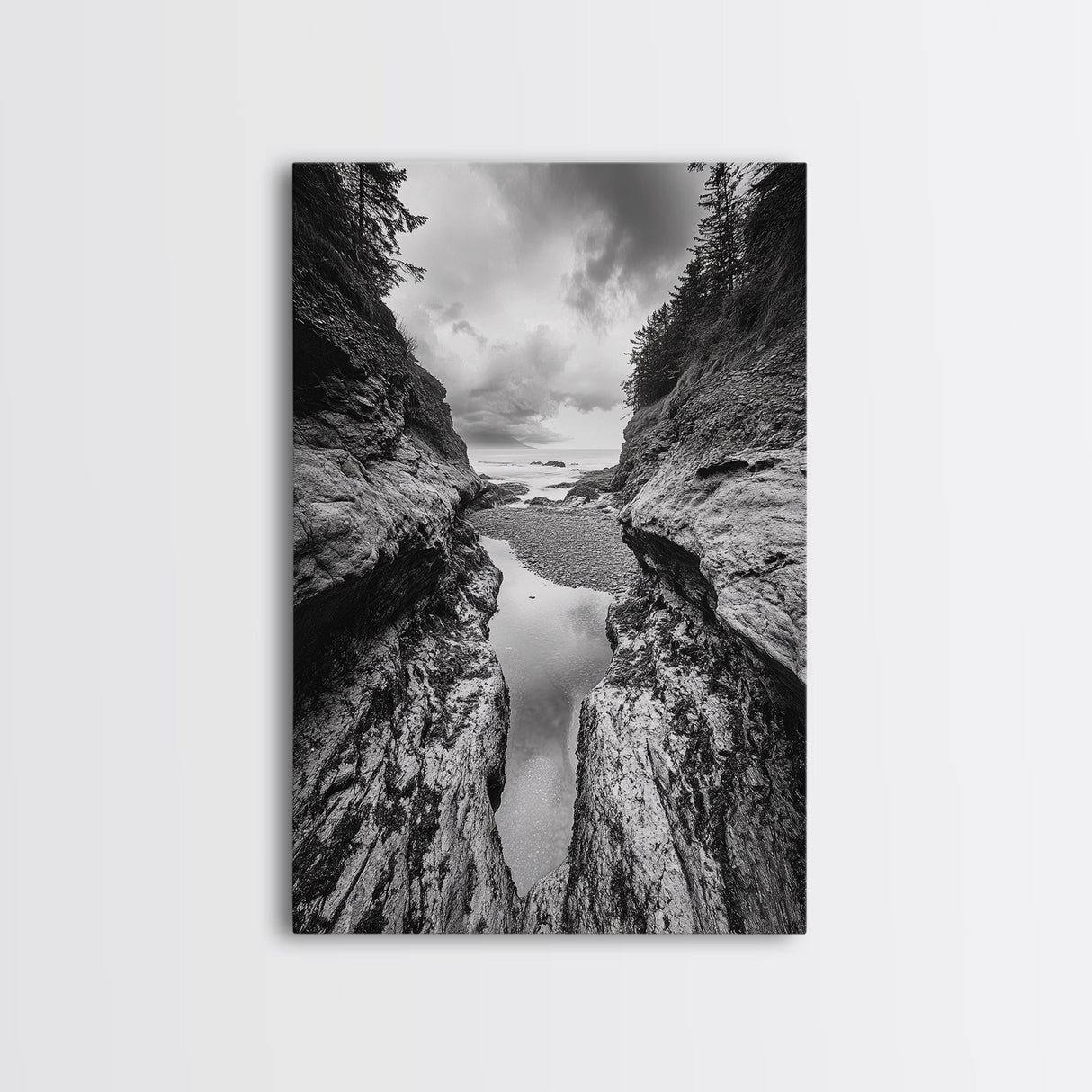 Ocean Ravine, Rugged Coastline, Pacific Wilderness, Stormy Seascape, Framed Canvas Print, Adventure Wall Art, Nature Home Decor
