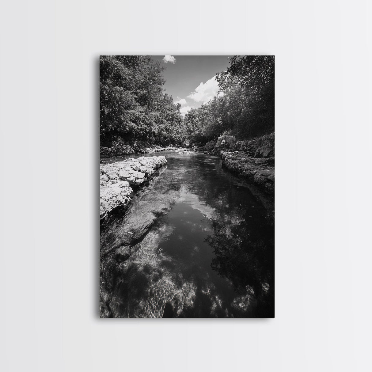 River Reflection, Nature Calm, Forest Stream, Canvas Print, Black and White Landscape Wall Art, Rustic Bathroom Decor, Tranquil Home Vibe