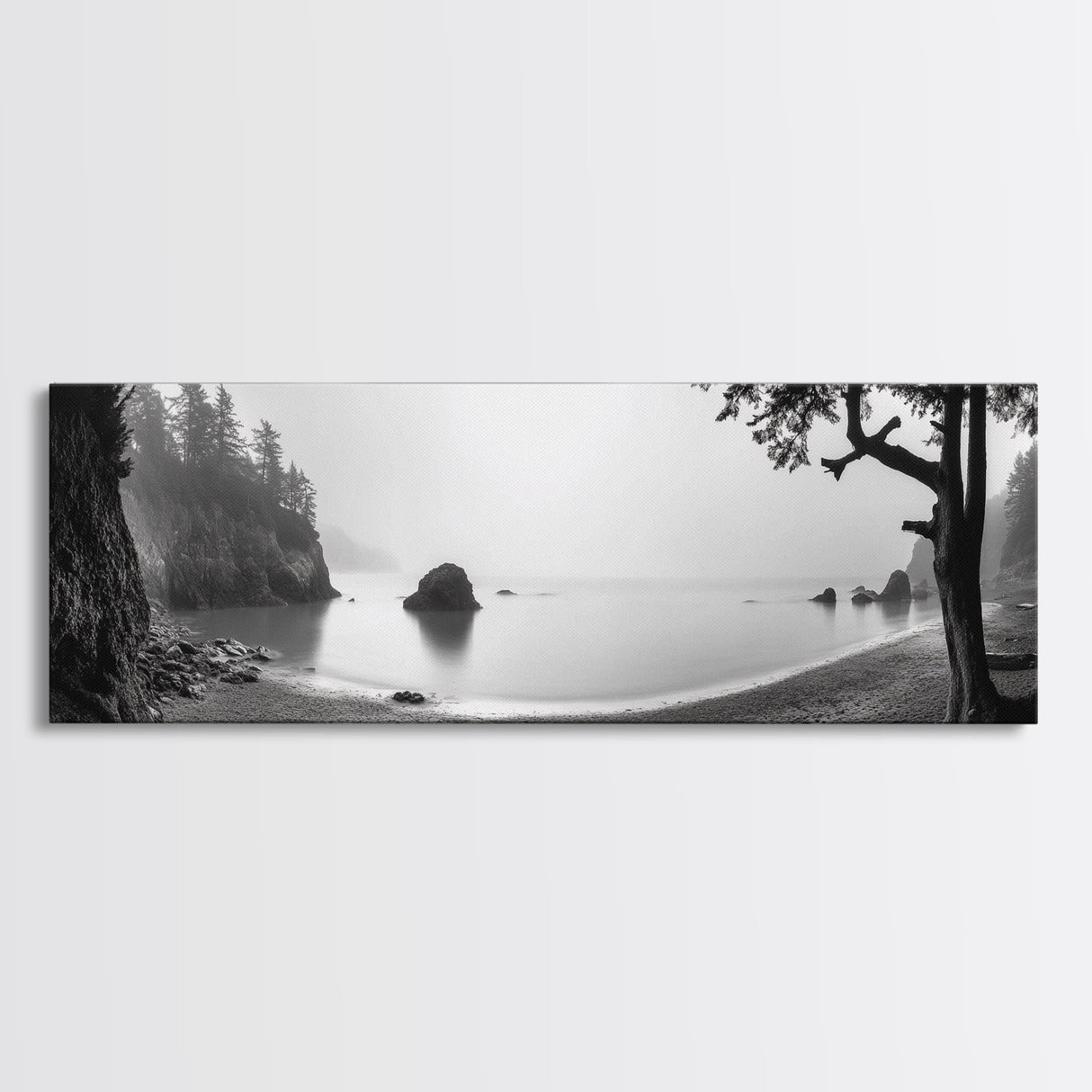 Misty Cove, Pacific Coast, Tranquil Shore, Canvas Print, Zen Nature Wall Art, Bathroom Decor, Moody Black and White Art