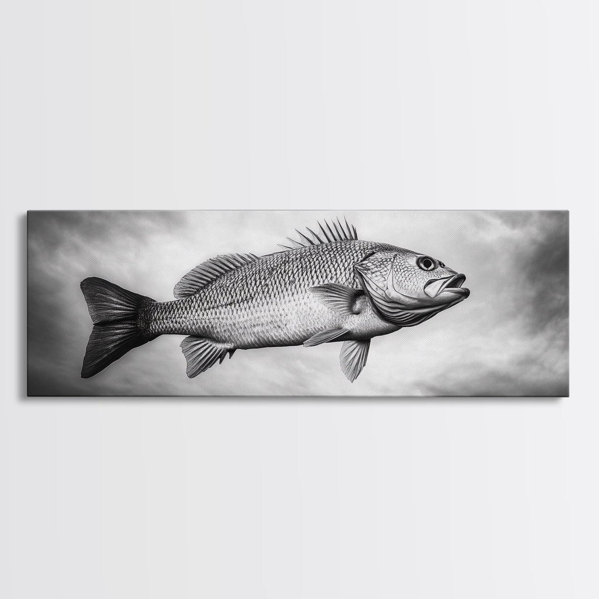Floating Fish, Surreal Ocean, Realistic Scales, Sky Scene, Framed Canvas Print, Nautical Wall Art, Coastal Decor, Fishing Cabin Aesthetic