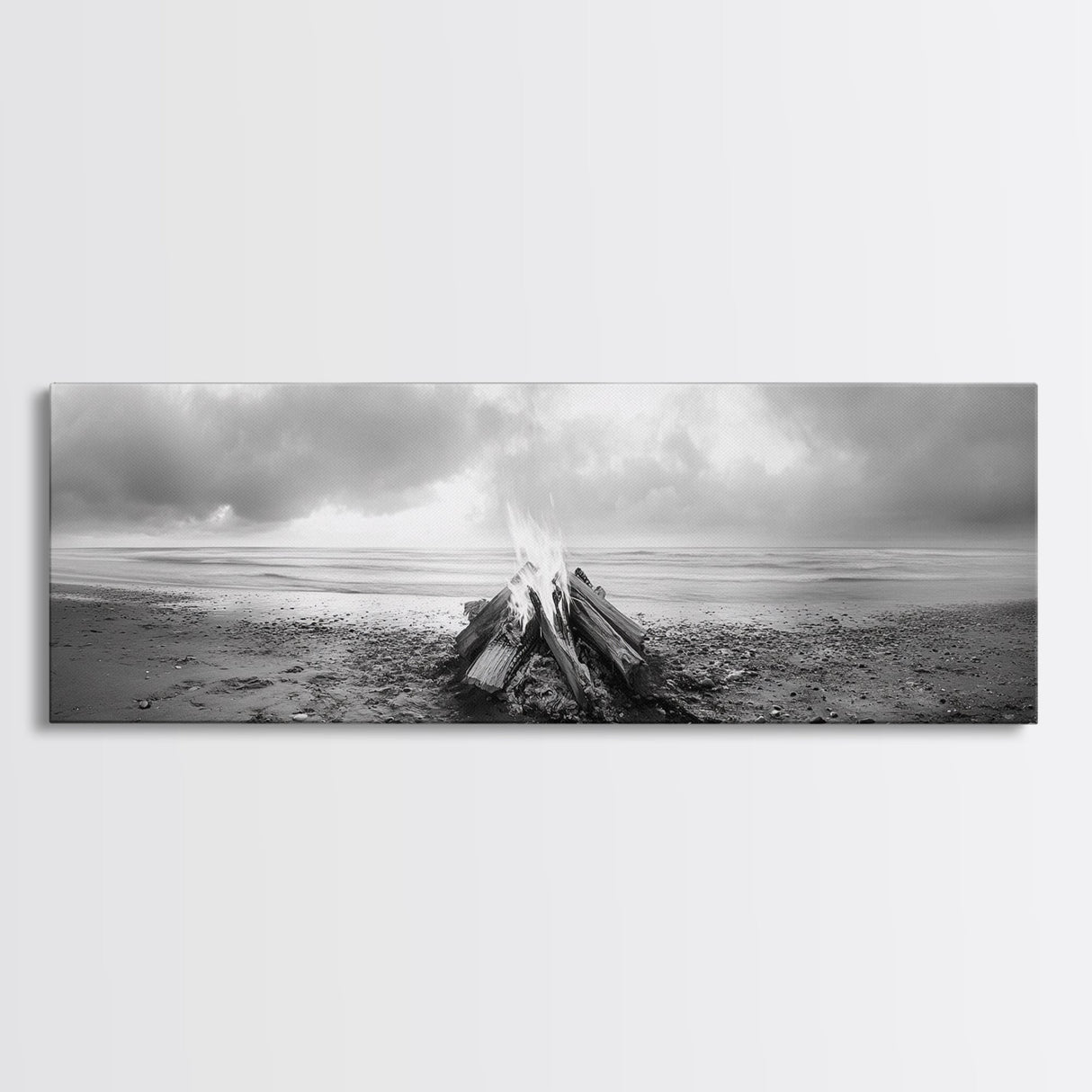 Beach Bonfire, Coastal Glow, Driftwood Fire, Ocean Calm, Framed Canvas Print, Fall Wall Art, Living Room Decor, Nature Photography Style