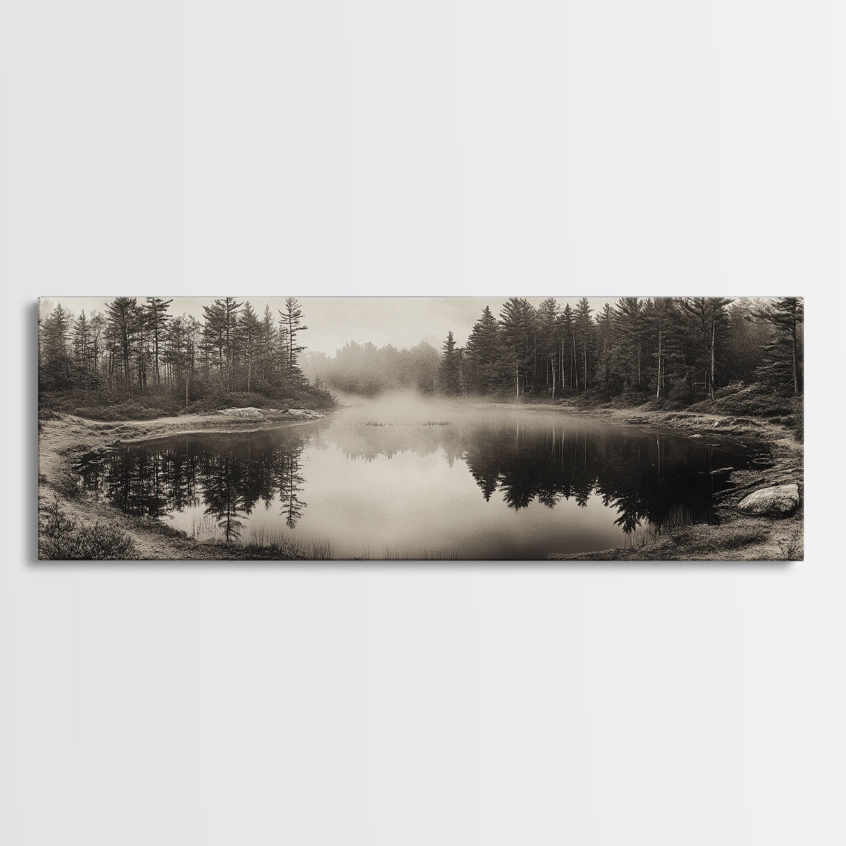 Misty Forest, Autumn Lake, Fog Reflections, Framed Canvas Print, cozy cabin decor, woodland living room art, rustic Fall photography
