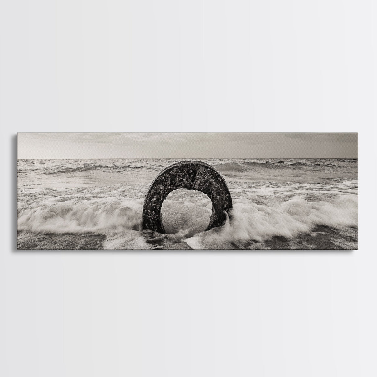 Ocean Ring, Waves Crashing, Sea Sculpture, Framed Canvas Print, unique beach photography, industrial coastal wall art, modern bathroom decor