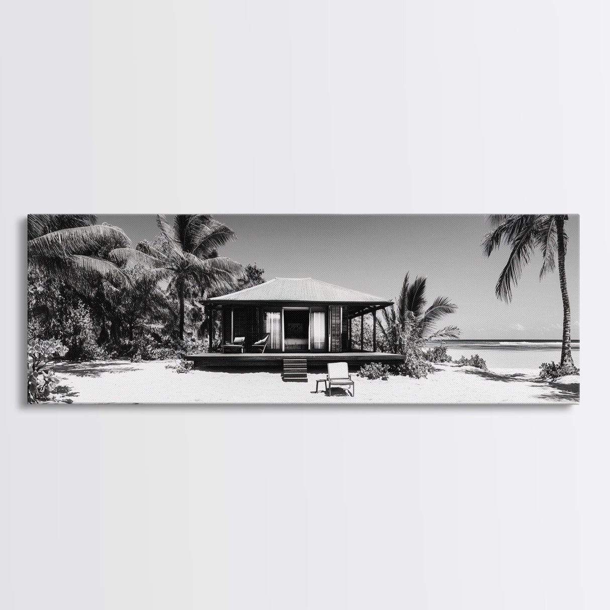 Beach House, Palm Retreat, Tropical Hideaway, Island Dream, Framed Canvas Print, Coastal Wall Art, Bedroom Decor, Tropical Vacation Aesthetic