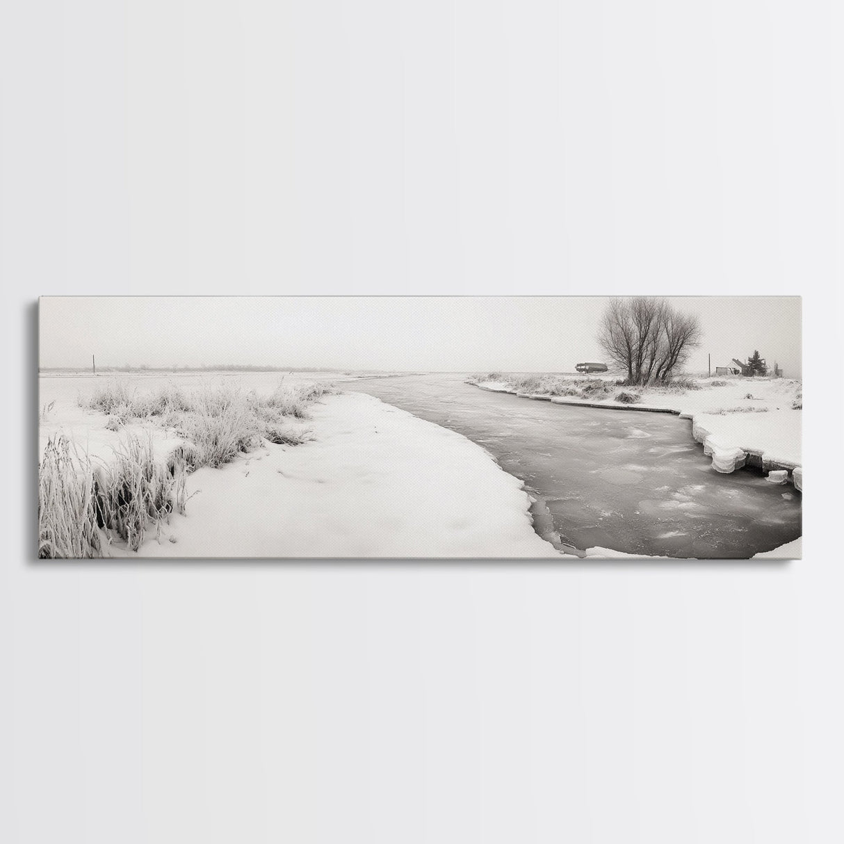 Winter River, Frosty Fields, Minimalist Landscape, Canvas Print, Modern neutral art, Rustic home decor, Entryway wall art, Scandinavian vibe