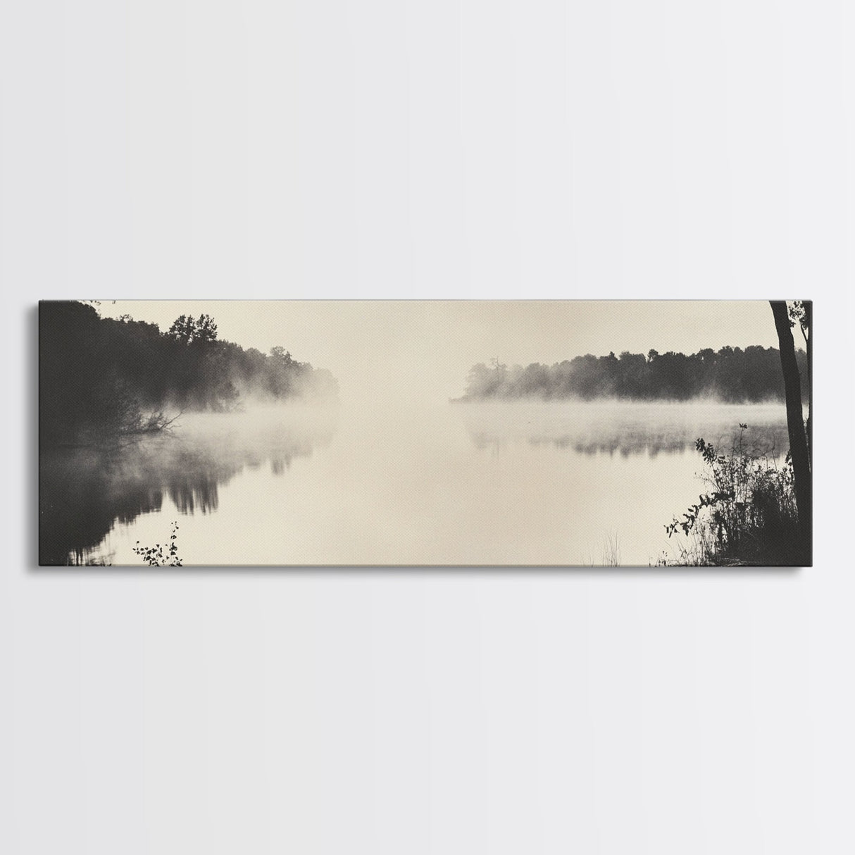 Misty River, Forest Reflection, Black and White Nature, Framed Canvas Print, Tranquil Decor, Bedroom Wall Art, Moody Minimalist Art