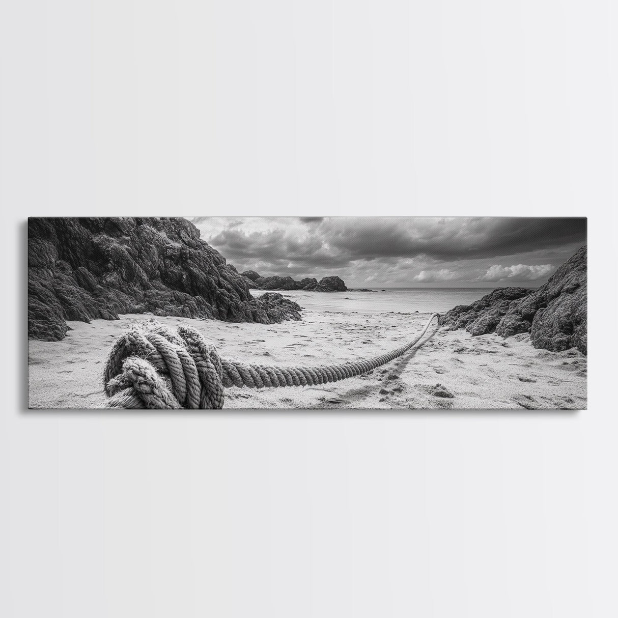 Nautical Rope Shore, Moody Ocean Rocks, Coastal Minimalist, Framed Canvas Print, Entryway Wall Art, Rustic Nautical Decor, Lakehouse Wall Art