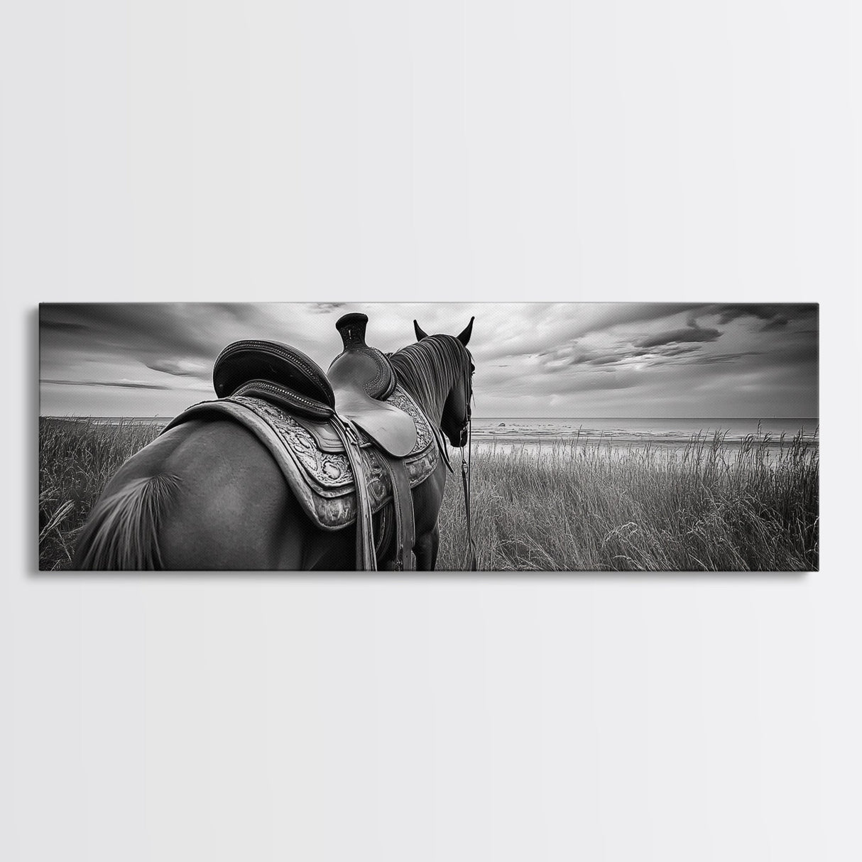 Western Horse Beach, Saddle Detail Horizon, Equestrian Art, Framed Canvas Print, Farmhouse Wall Art, Cowboy Country Decor