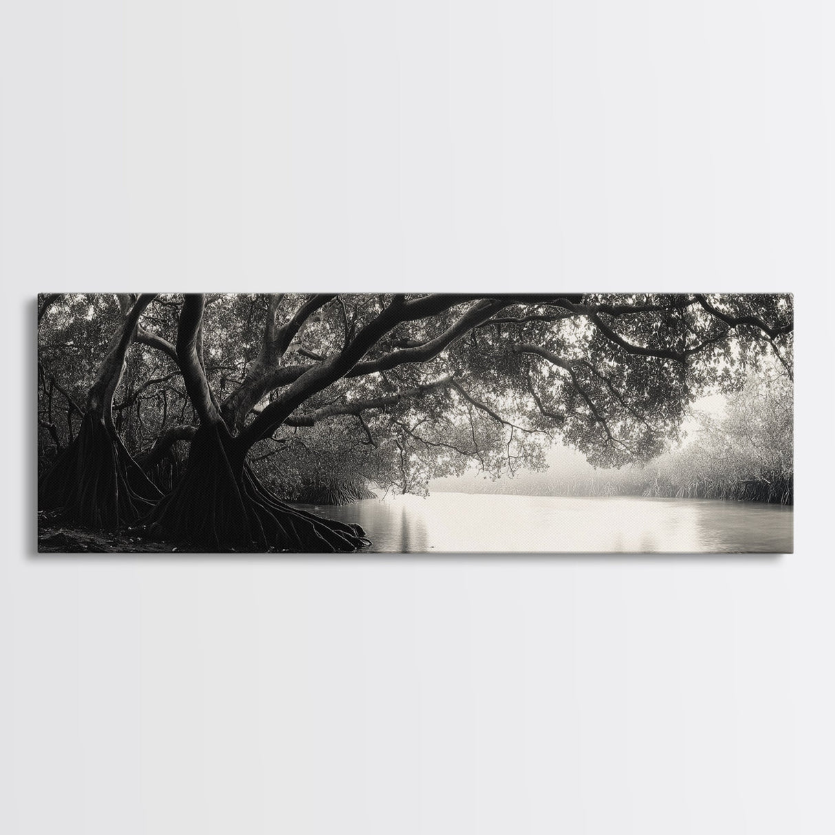 Mangrove Forest, River Flow, Rooted Stillness, Canvas Print, Zen Office Decor, Moody Jungle Art, Monochrome Nature Print