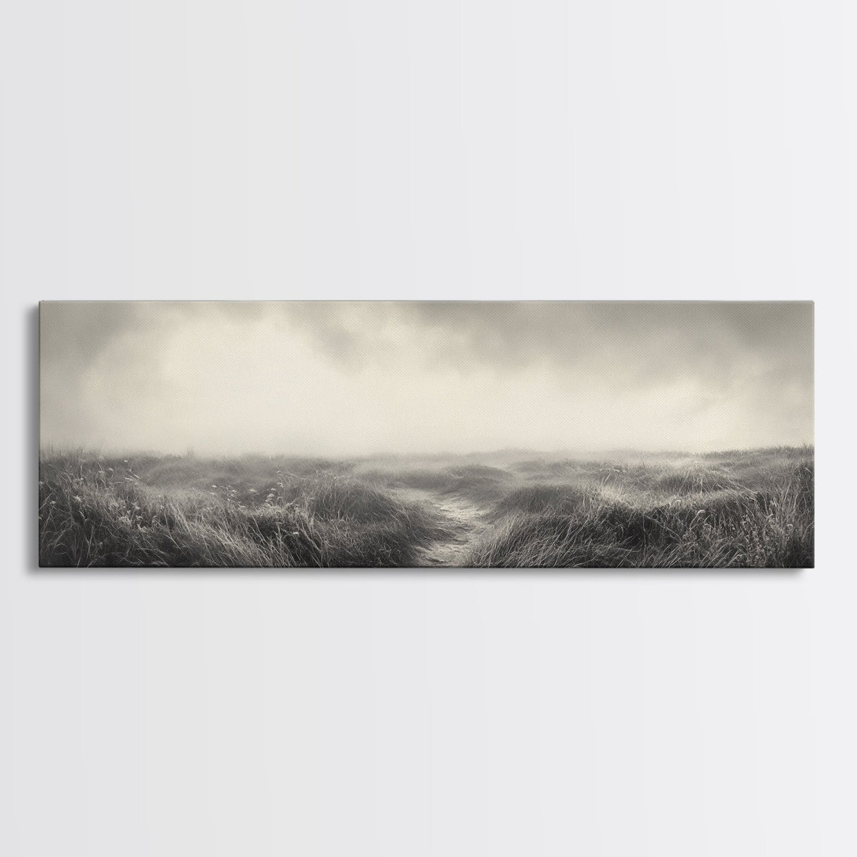Foggy Path, Coastal Field, Silent Morning, Canvas Print, Neutral Bedroom Art, Scandinavian Style, Minimal Fall Wall Decor