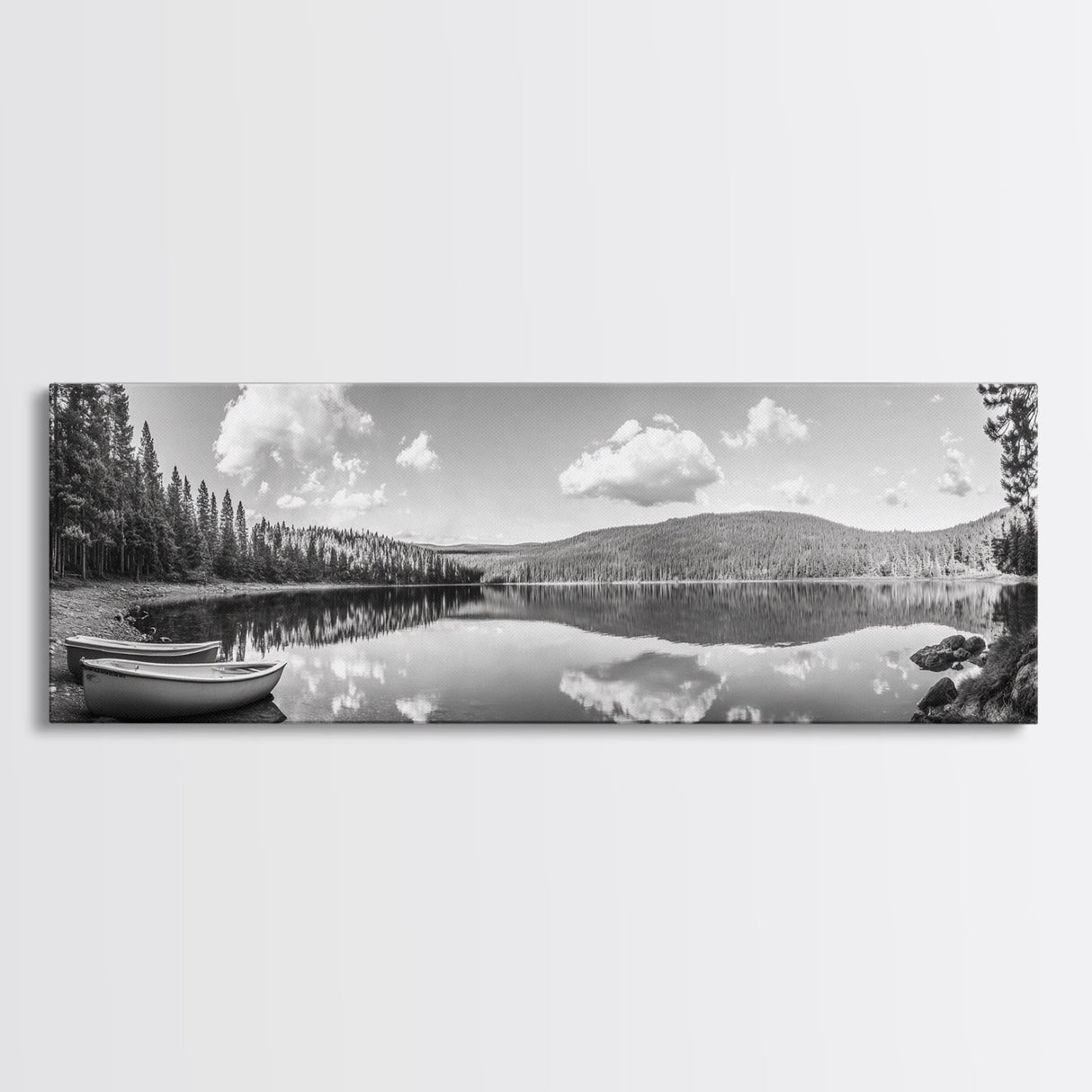Canoe Lake, Still Water, Pine Forest, Outdoor Serenity, Canvas Print, Nature Wall Art, Rustic Cabin Decor, Peaceful Landscape, Neutral Tones