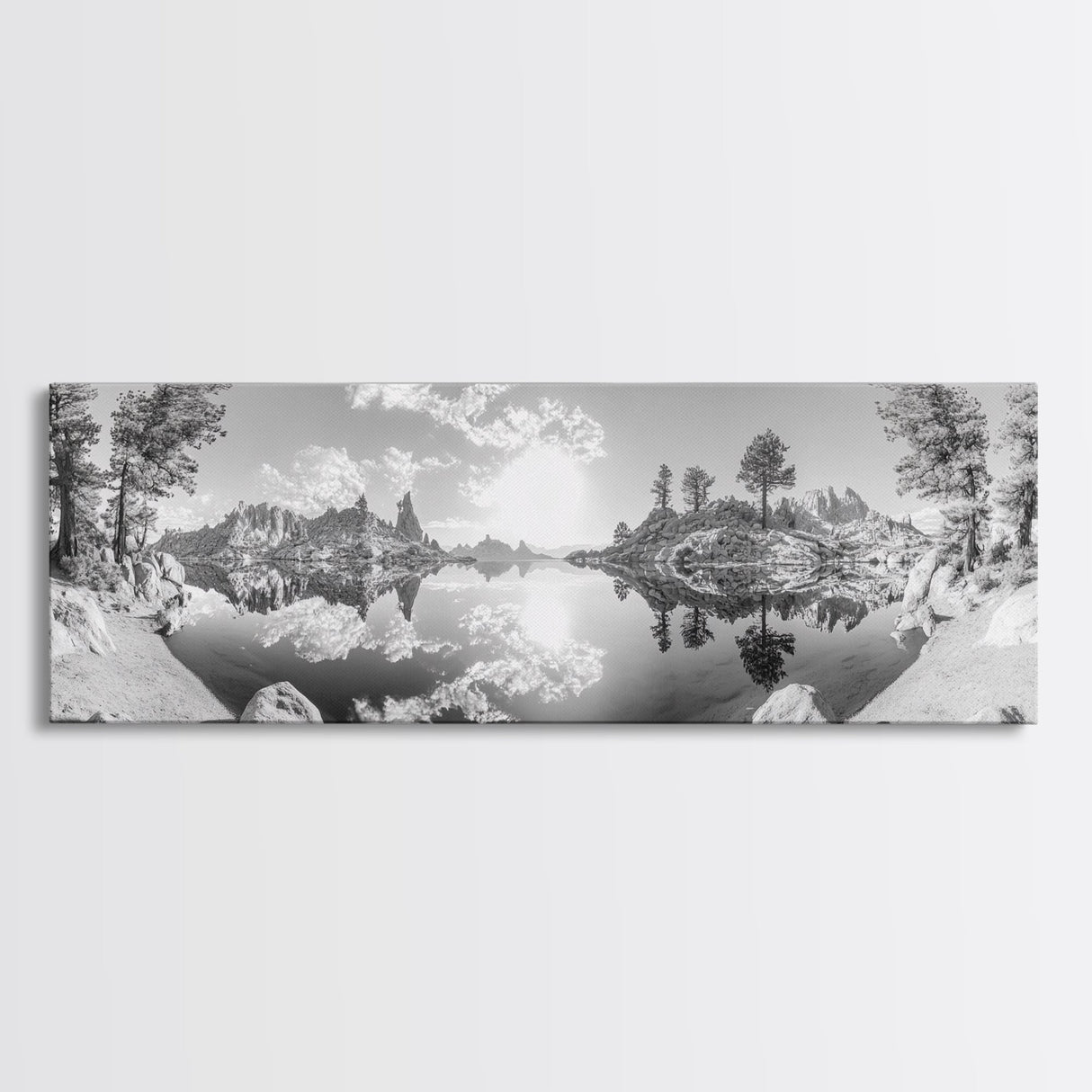 Mountain Reflections, Nature Panorama, Black and White Landscape, Framed Canvas Print, Living Room Wall Art, Modern Wilderness Decor