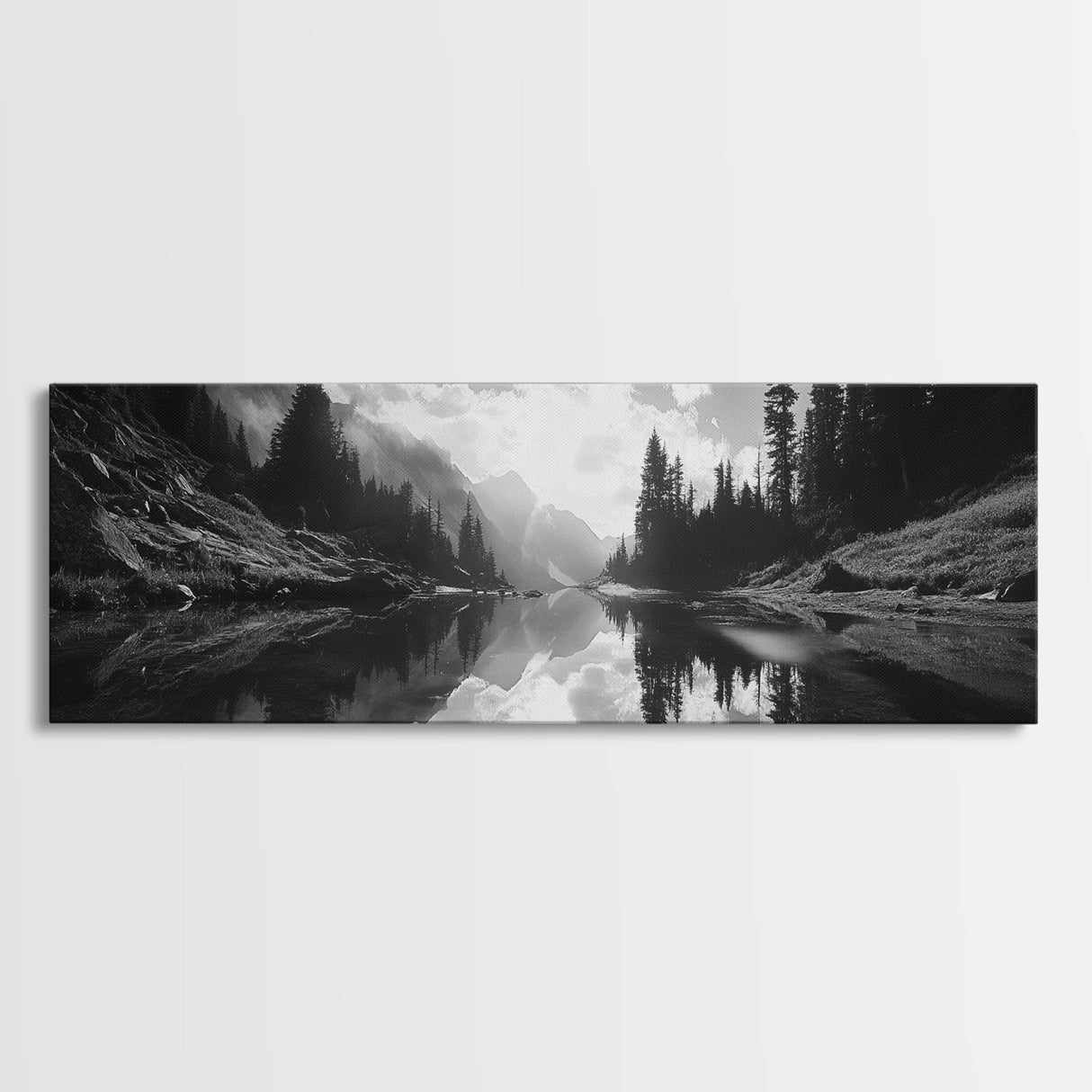 Alpine Lake Scene, Black and White Forest, Serene Mountain Print, Framed Canvas Print, Rustic Wall Art, Cabin Living Room Decor