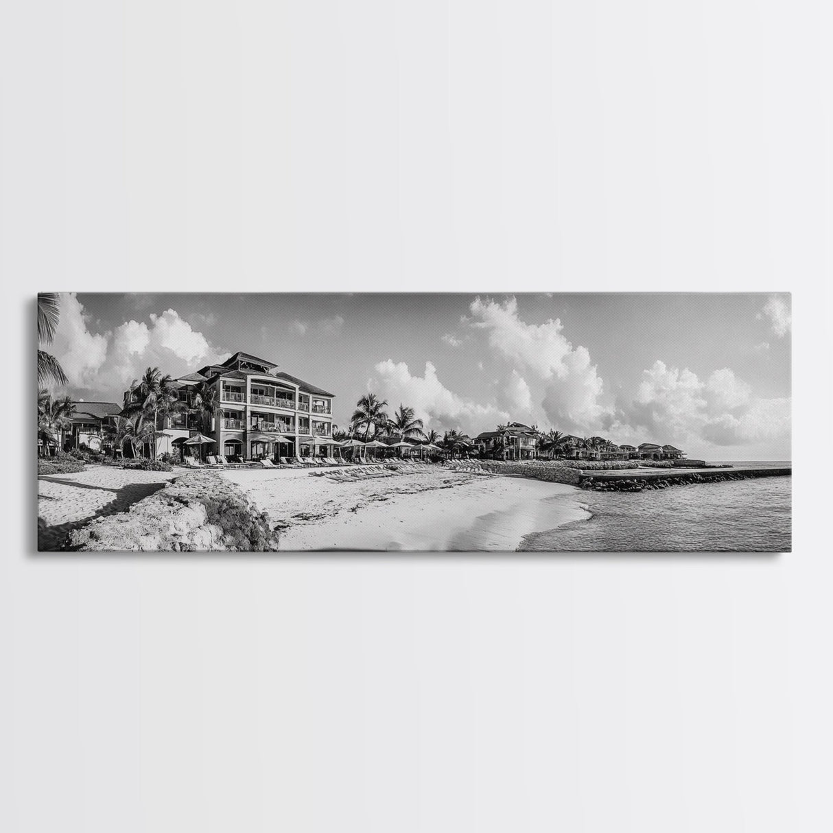 Beach Resort, Tropical Luxury, Oceanfront Hotel Art, Framed Canvas Print, Vacation Vibes, Bedroom Wall Art, Monochrome Decor