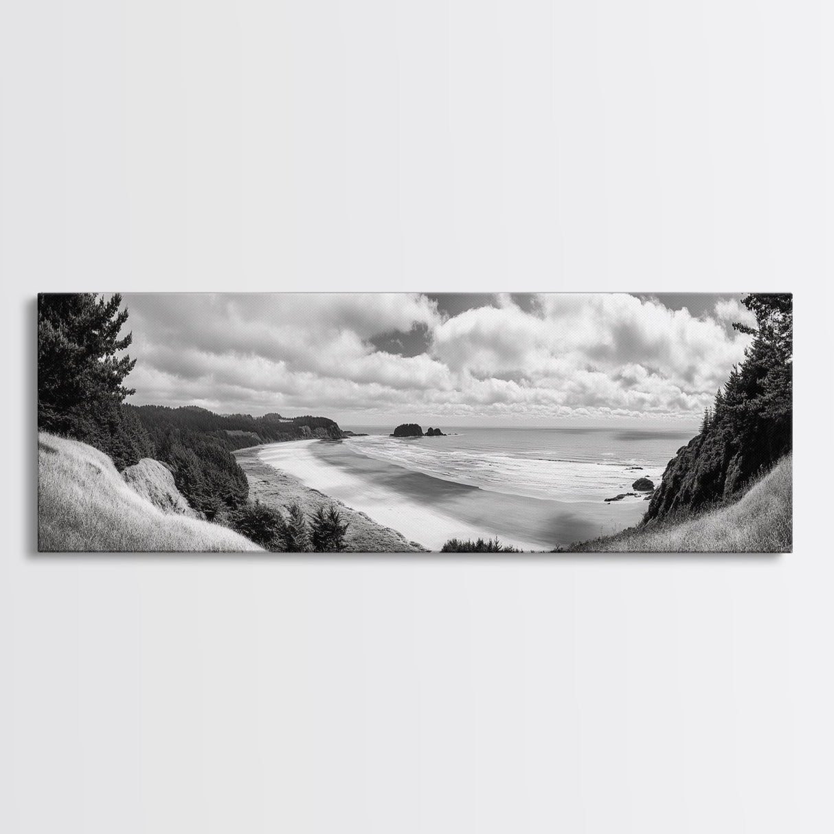 Ocean Bluff View, Seaside Hills, Coastal Forest Horizon, Framed Canvas Print, Nature Landscape Art, Living Room or Office Decor