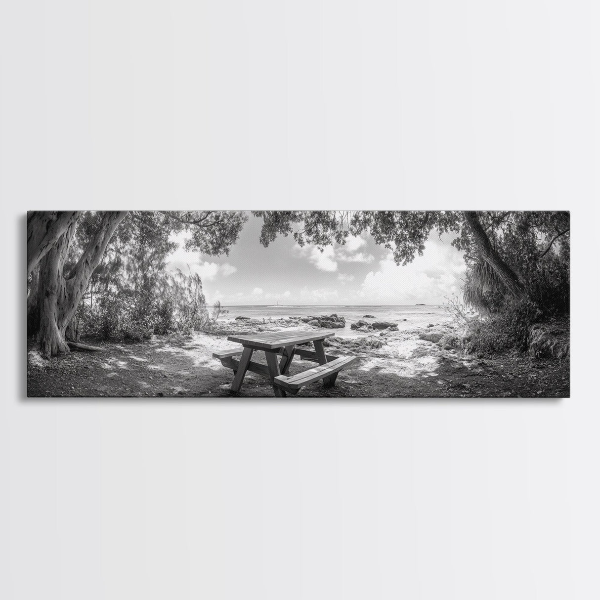 Secluded Picnic Spot, Ocean View, Tranquil Escape, Nature Sanctuary Art, Framed Canvas Print, Kitchen Wall Decor, Coastal Forest Vibe