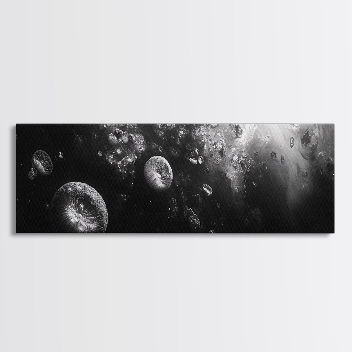 Jellyfish Dreams, Ocean Depths, Abstract Motion, Canvas Print, Coastal Bathroom Art, Nautical Theme, Moody Black and White Sea Life