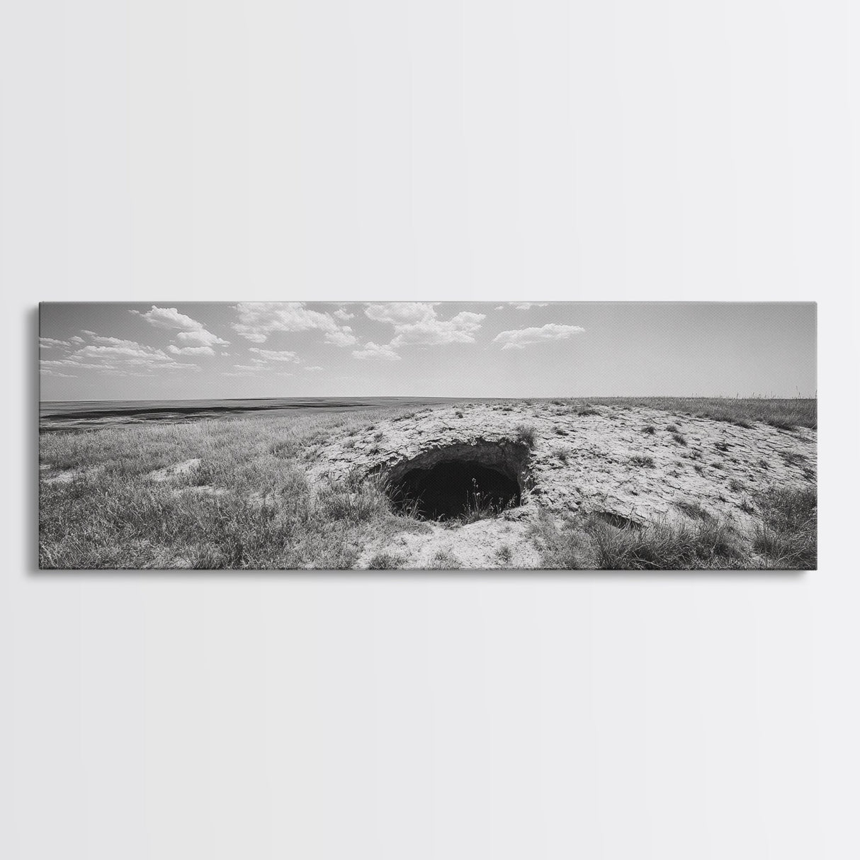 Prairie Cave, Windy Plains, Nature Escape, Canvas Print, Rustic Wall Art, Earthy Decor, Bedroom Accent, Black and White Landscape