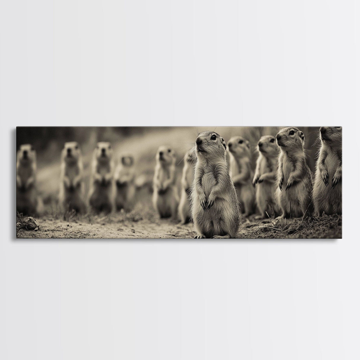 Prairie Dogs, Whimsical Critters, Nature Gathered, Canvas Print, Kids Room Art, Cute Animal Decor, Playful Black and White Art