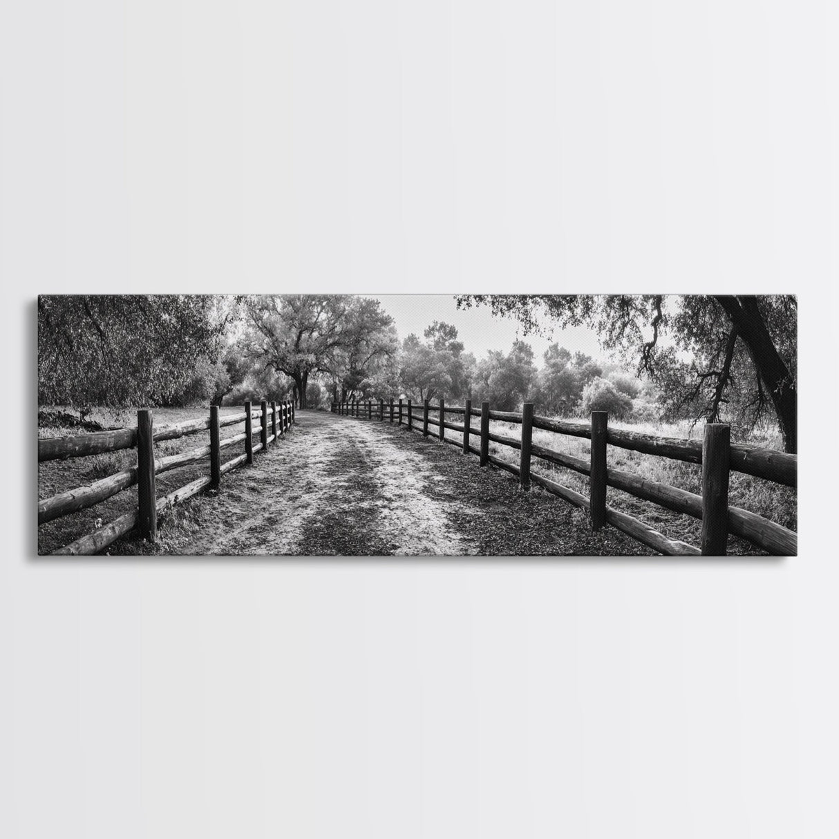Tree Tunnel, Country Path, Fence Shadows, Framed Canvas Print, Black and White Nature Art, Rustic Wall Art, Autumn Entryway Decor
