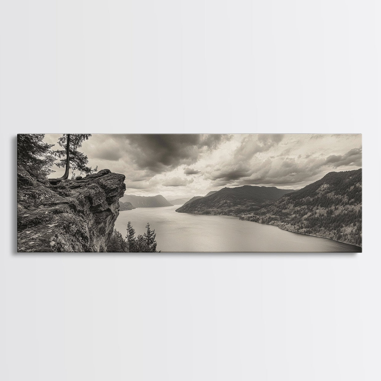 River Cliff View, Forested Mountains, Timeless Horizon, Framed Canvas Print, Living Room Wall Art, Cabin Rustic Decor, Moody Nature Art