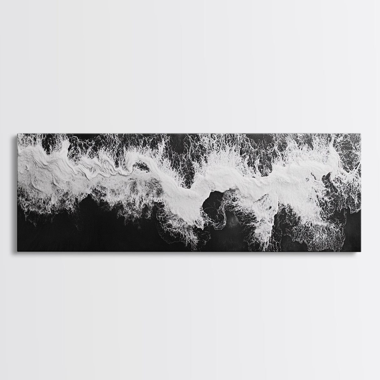 Ocean Wave, Aerial Surf, Coastal Abstract, Monochrome Motion, Framed Canvas Print, Modern Bathroom Art, Minimalist Art, Black and White Decor