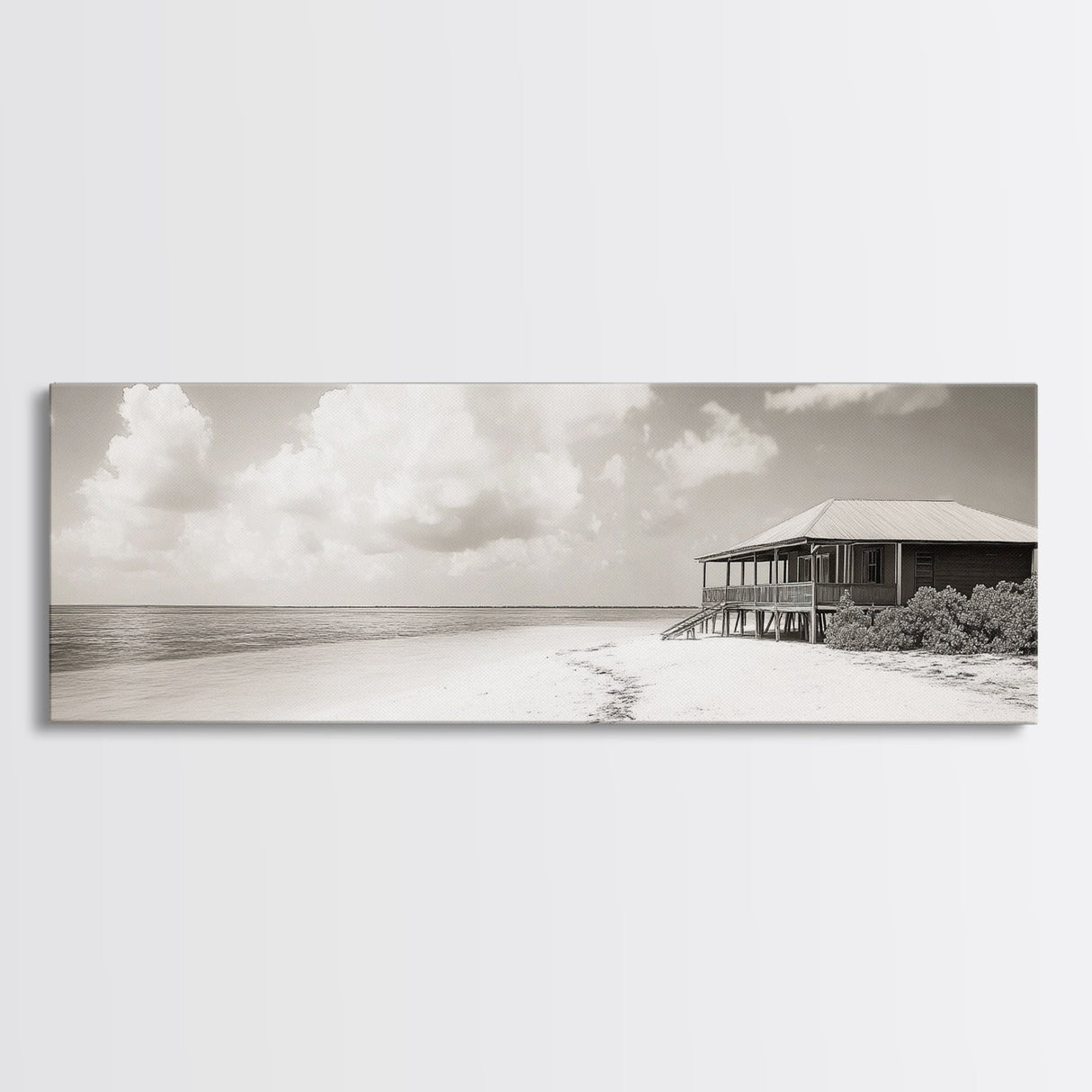 Beach House, Secluded Shore, Calm Waters, Framed Canvas Print, Coastal Wall Art, Minimalist Living Room Decor, Vacation Vibes