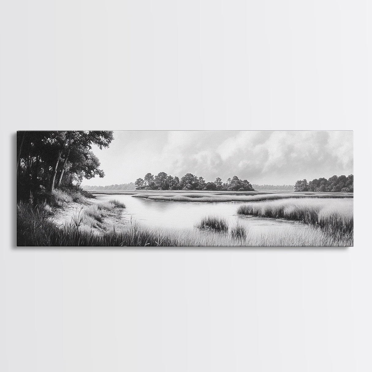Marsh Scene, Grassy Shore, Tree Lined Path, Canvas Print, Nature Landscape Art, Rustic Cabin Decor, Peaceful Living Room Style
