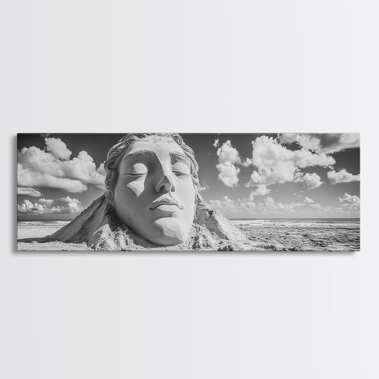 Sand Sculpture Head, Beach Goddess, Coastal Calm, Surreal Beauty, Framed Canvas Print, Modern Wall Art, Living Room Decor, Minimalist Art