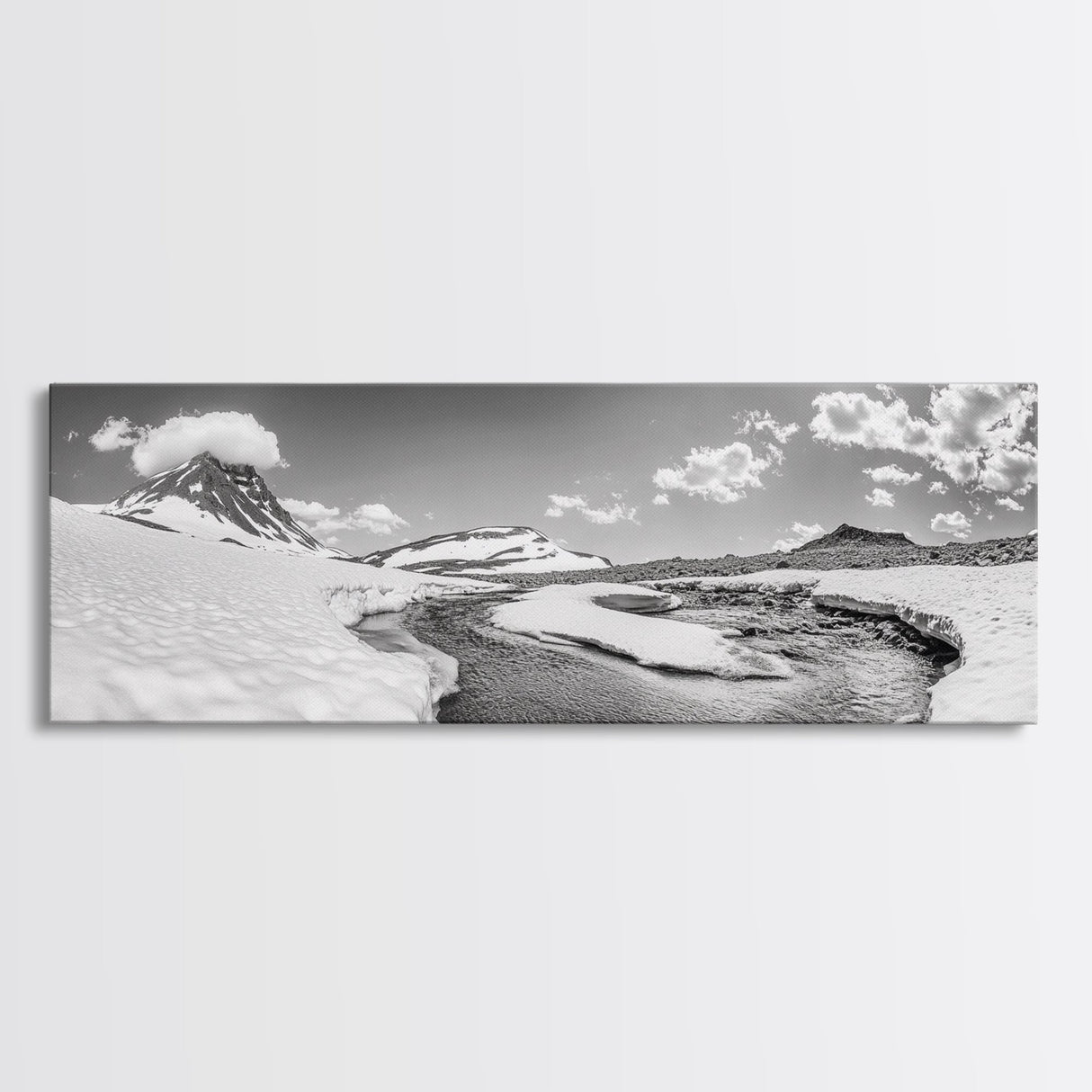 Arctic Stream, Mountain Snow, Clear Sky, Framed Canvas Print, Scandinavian decor, nature wall art, winter bedroom print, cool color tones
