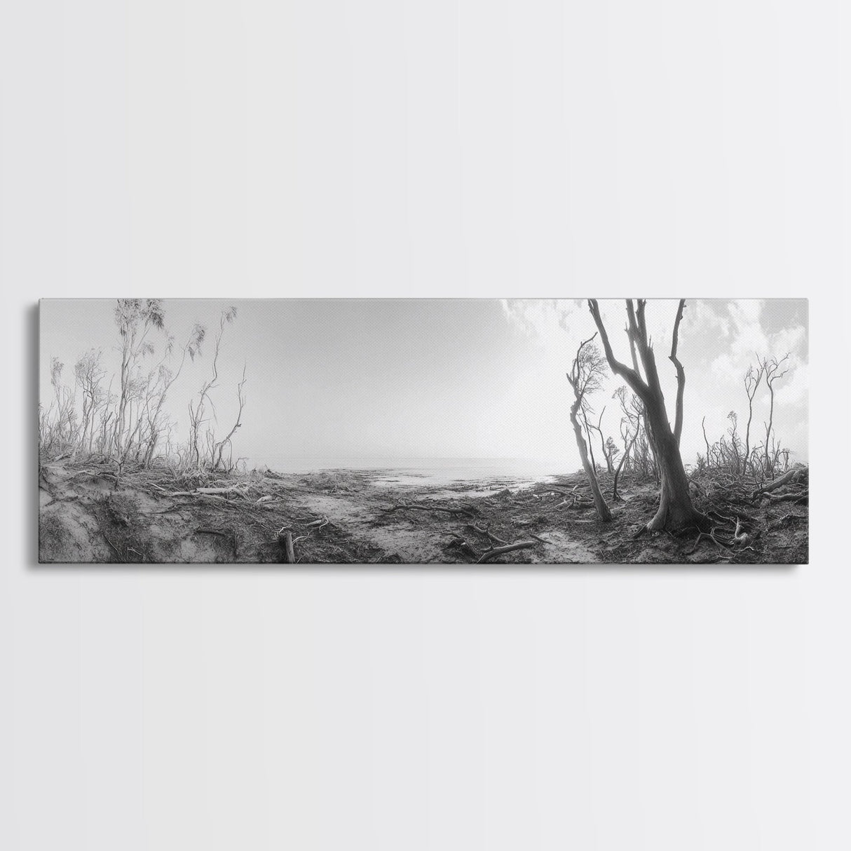 Windswept Coastal Trees, Driftwood Beach Landscape, Black White Canvas Print, Autumn Wall Art, Nature-Inspired Living Room Decor